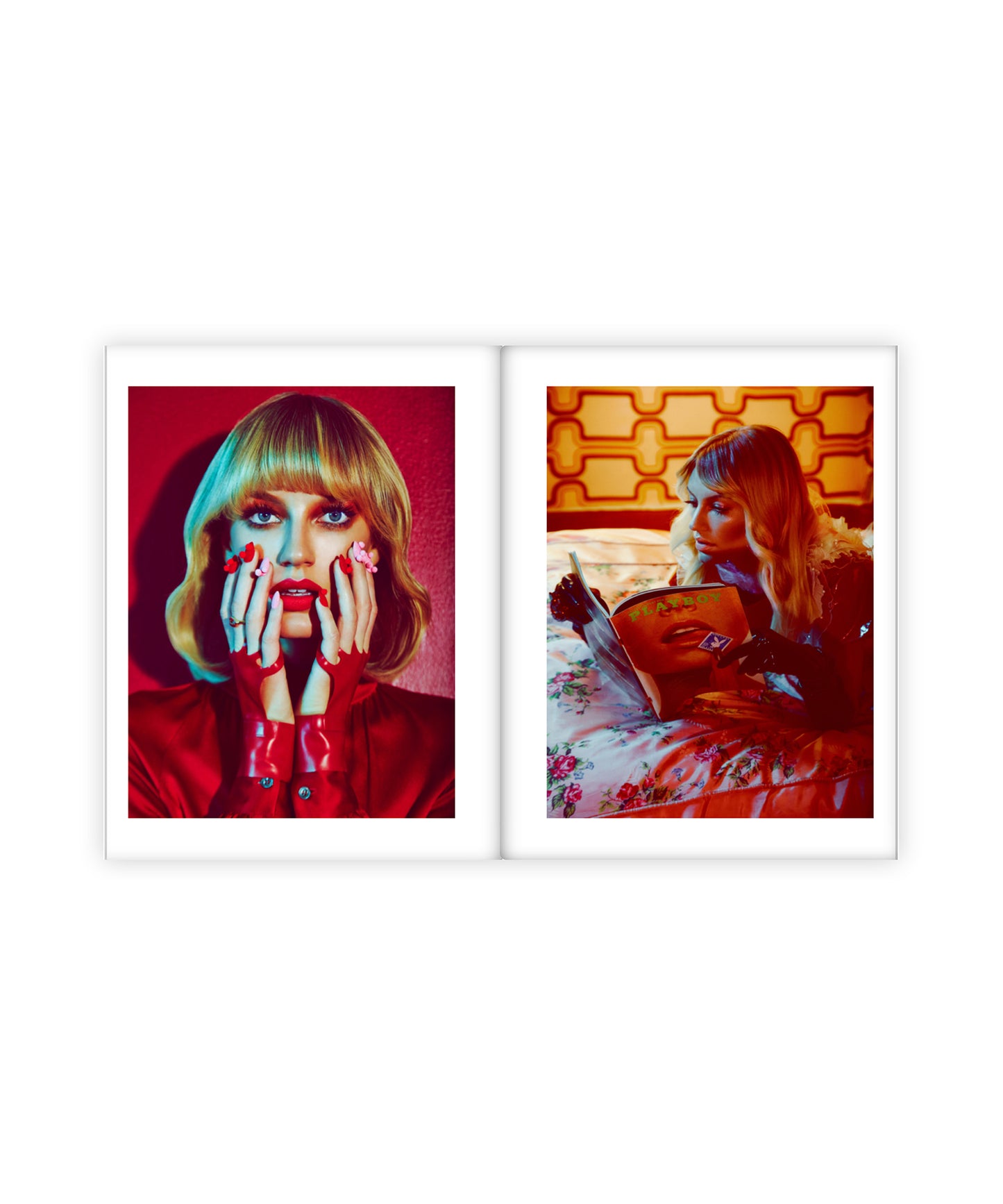 Two framed artworks of a woman with a red background and another with a patterned wall.