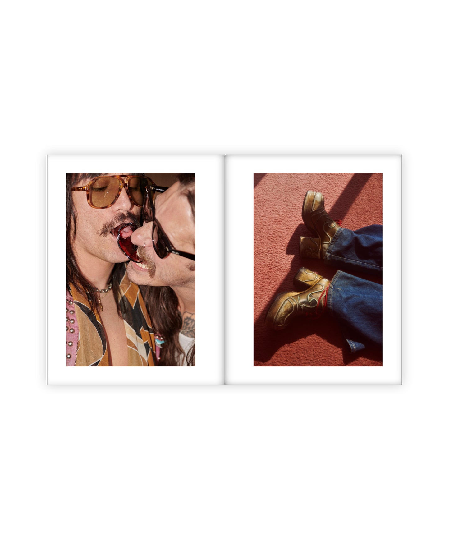 Two framed pictures side by side on a white background. One shows a close-up of two people kissing, and the other shows a person wearing boots on a red surface.