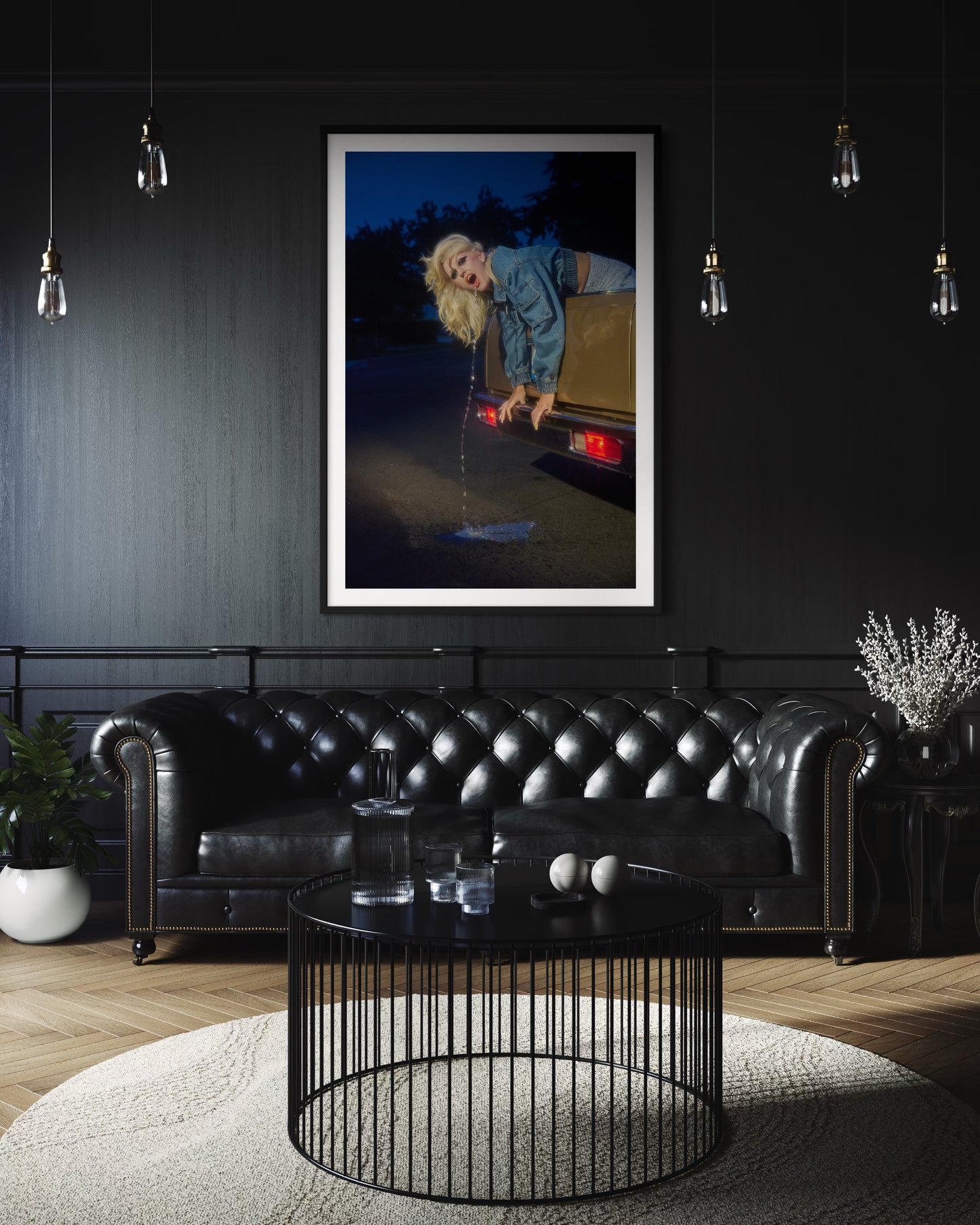 Wall decor of Amy Taylor of Amyl and the Sniffers as she pukes glitter out of the back of an El Camino car.