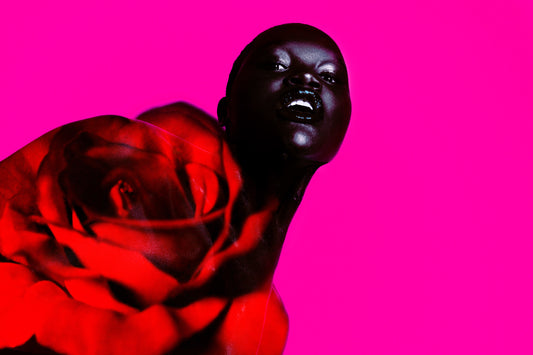 Portrait of a Black African model with natural hair against a bright pink background with a red rose collage on her shoulder.