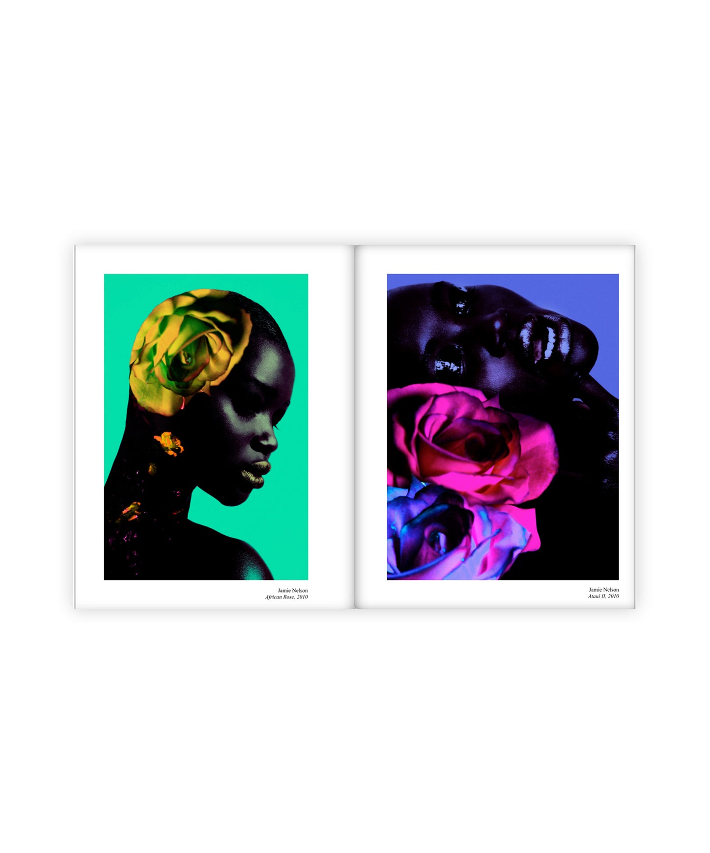 Two artistic portraits of a black woman with roses collaged onto the art. Both are vibrant in color and in frames on a white background
