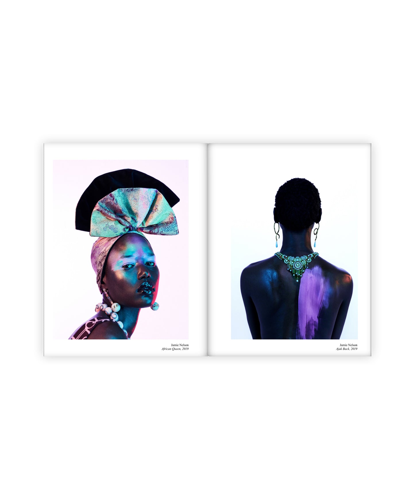Two artistic prints of a sudanese African woman with a colorful headwrap and another with a back view with artistic pink paint smudged on her. Both are featured on a white background in a book format by Los Angeles fashion and beauty photographer Jamie Nelson.