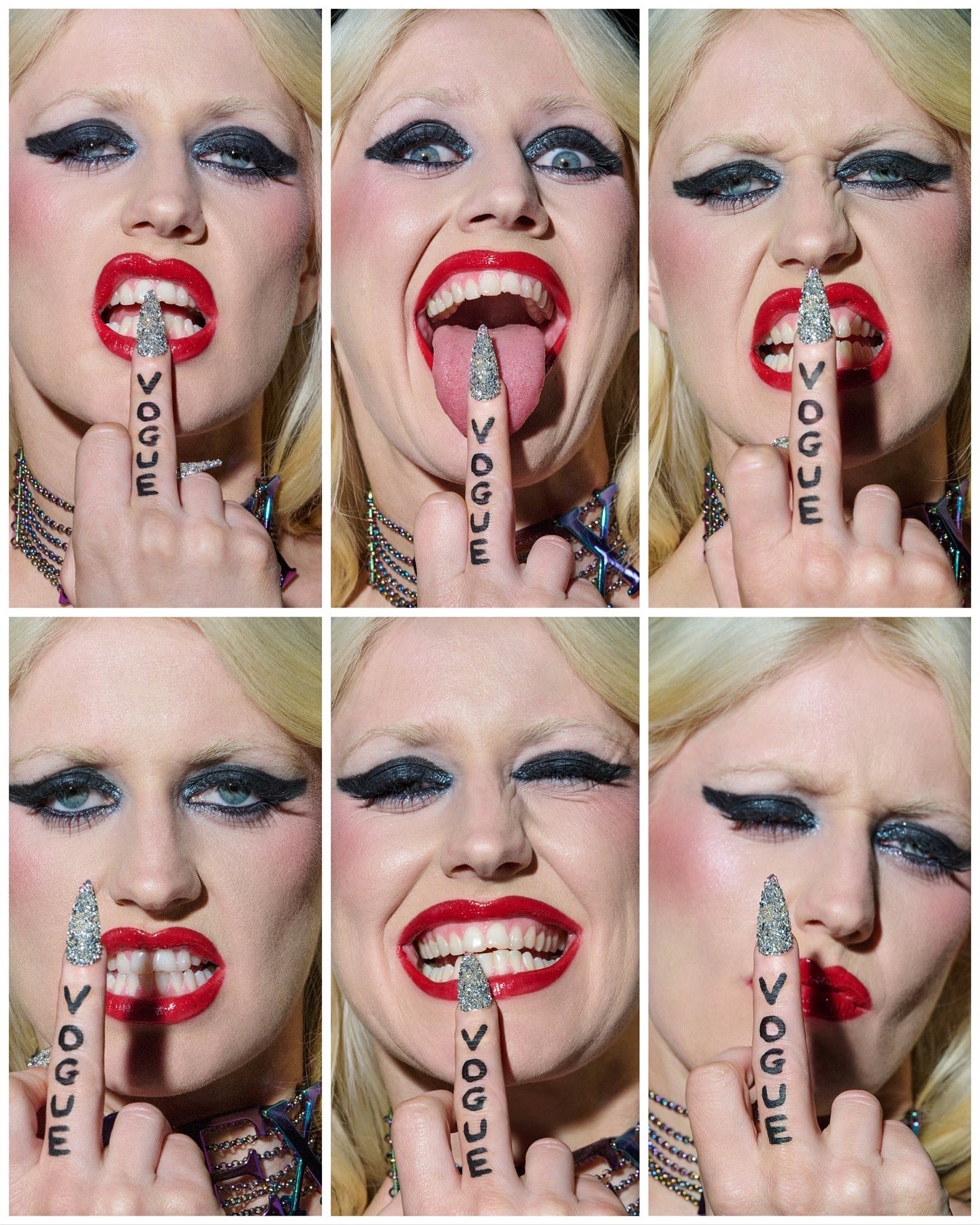 Collage of a woman with Vogue nail art on her fingers.