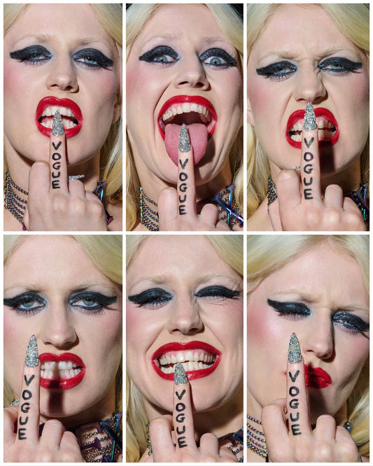 Collage of a woman with Vogue nail art on her fingers.