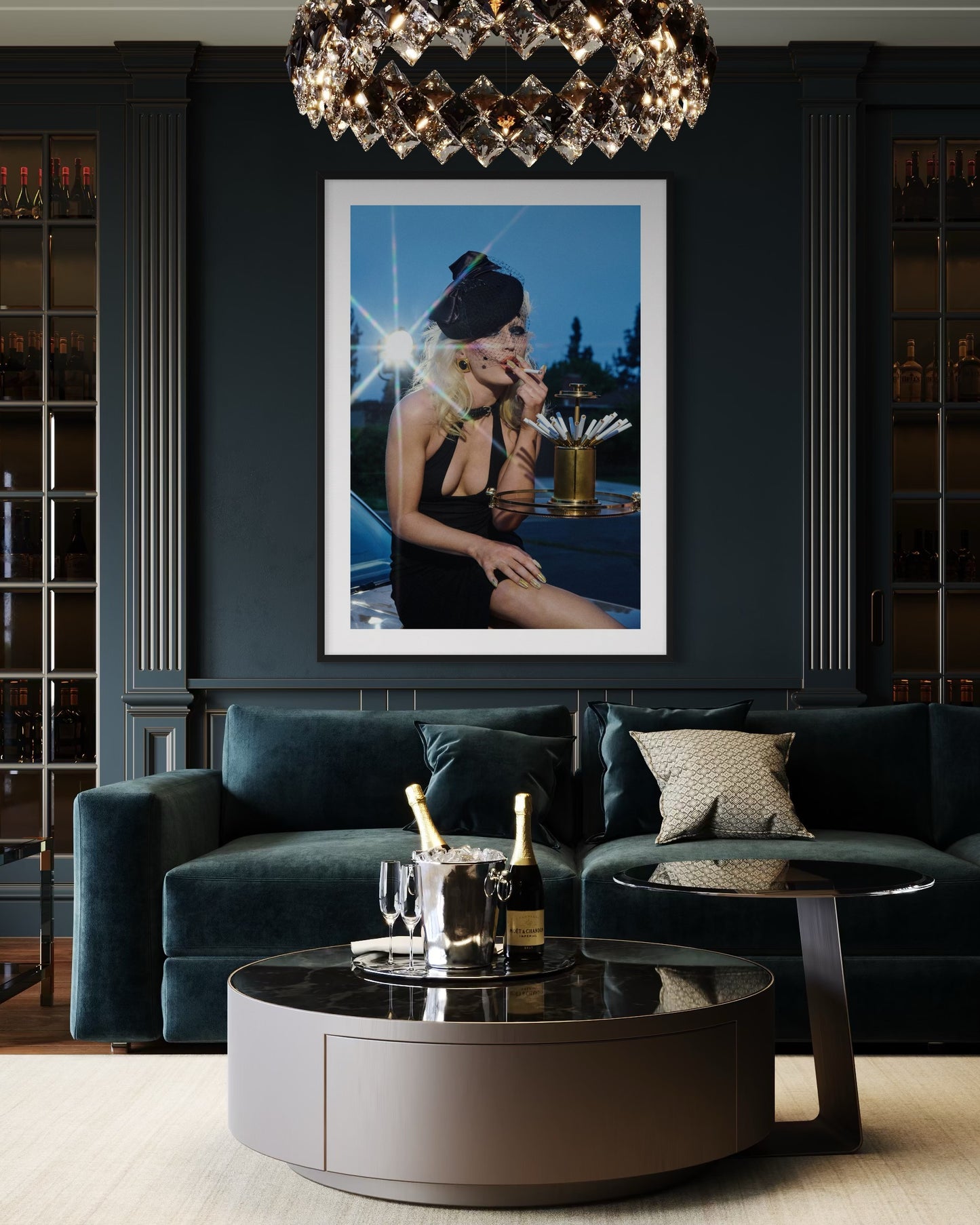 Fine art wall decor of Amy Taylor of Amyl and the Sniffers sitting on a car hood while smoking a cigarette and wearing a black vintage hat with veil.