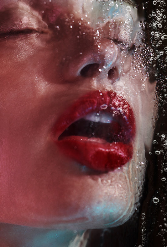Woman with big red lips breathing onto shower glass fogging up window air bubbles suffocating drowning