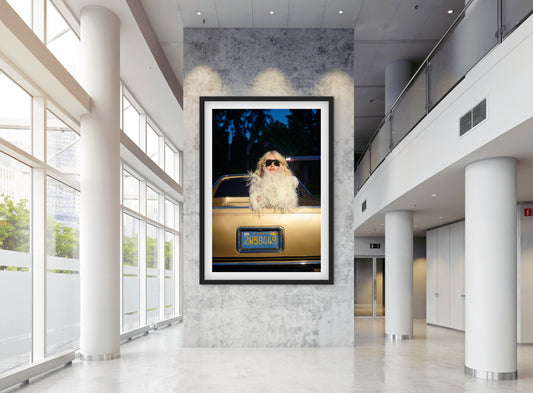 Framed artwork of a woman in the back  of an el camino car in a modern building interior.