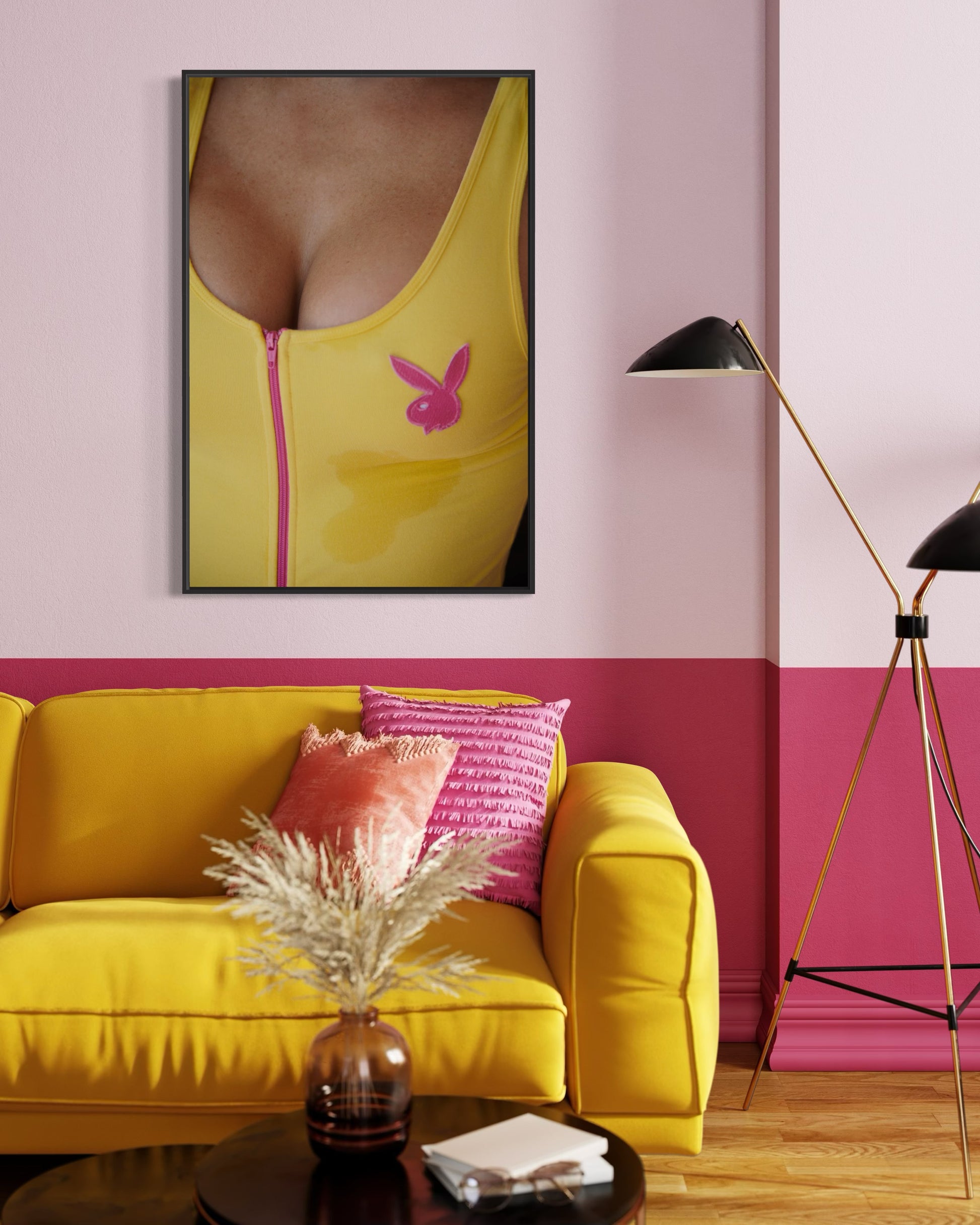 Artistic Rendition of a woman's breasts wearing a pink and yellow zip up athletic body suit in a pink room with a yellow couch.