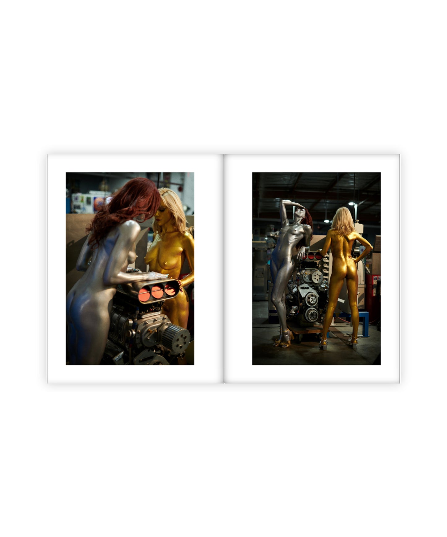 Two framed photographs of people in colorful costumes standing next to engines on a white background.