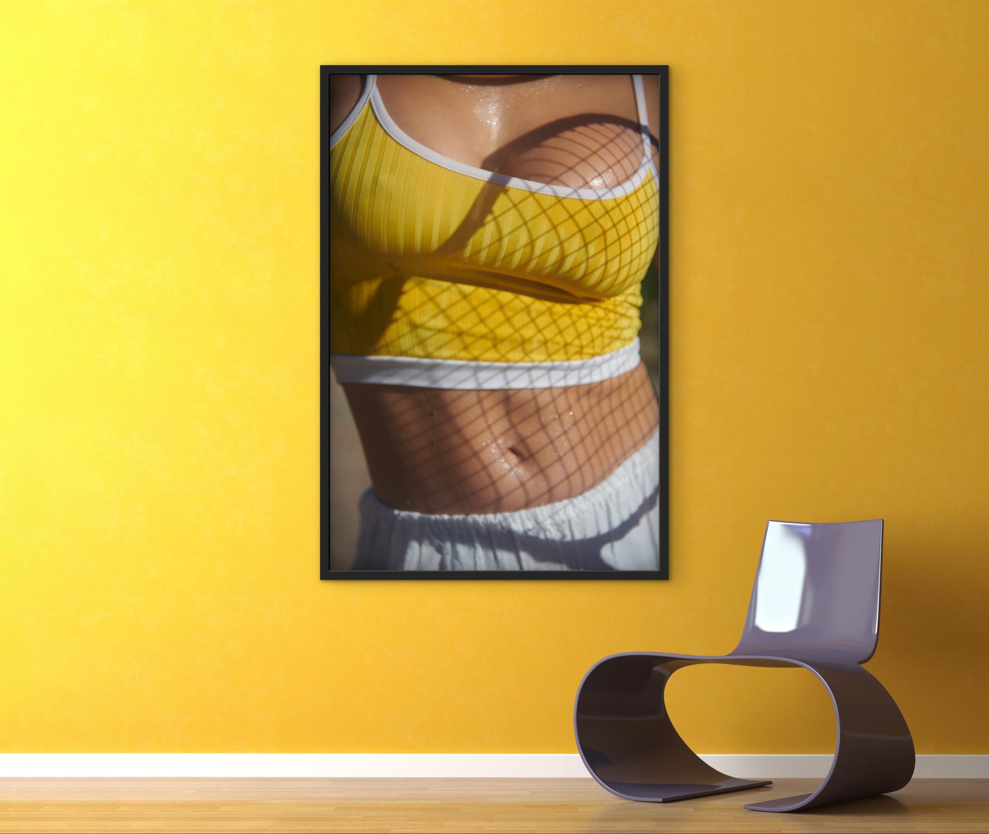 Artistic depiction of a female tennis player wearing 70s retro  yellow cropped tank top with abs showing and sweaty boobs and stomach.