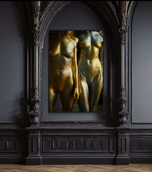 Framed artwork of two silver and gold nude figures in a darkly decorated gothis style room with arches.