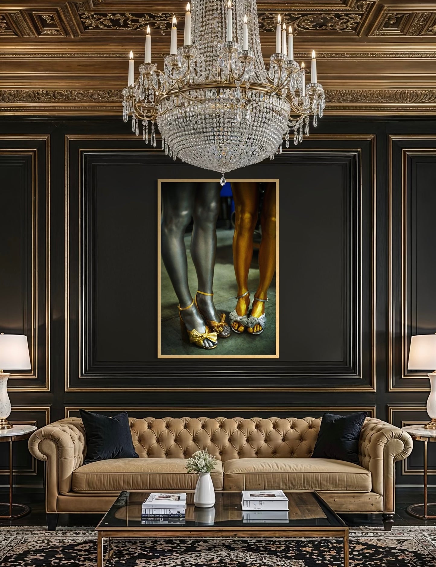 Luxurious living room with a chandelier, and beige sofa with framed artwork of metallic painted women's legs and feet wearing silver and gold open toed shoes with bows on them.