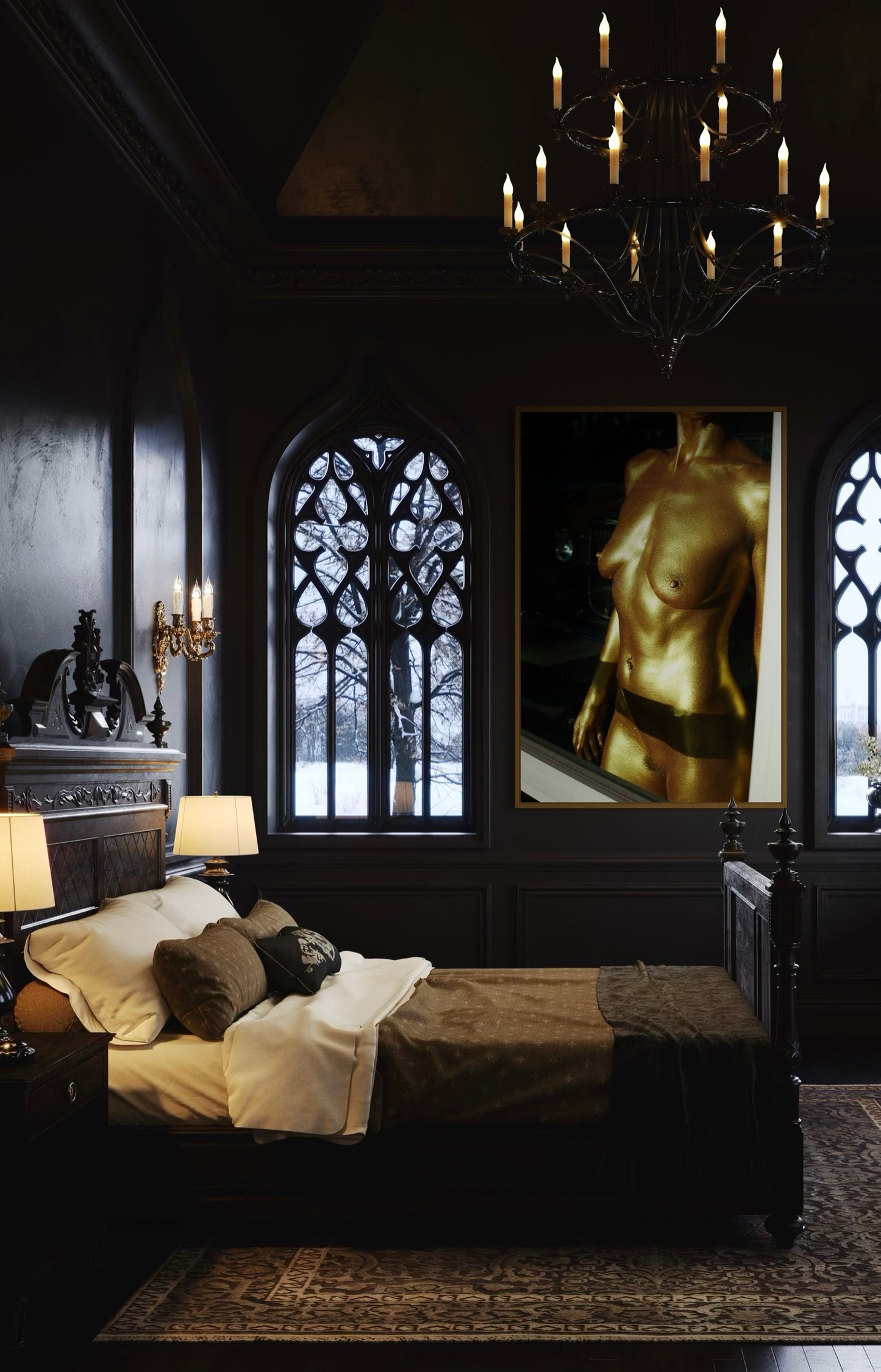 Darkly decorated room with gothic window, chandelier, and framed artwork of a woman's nude torso painted in gold.