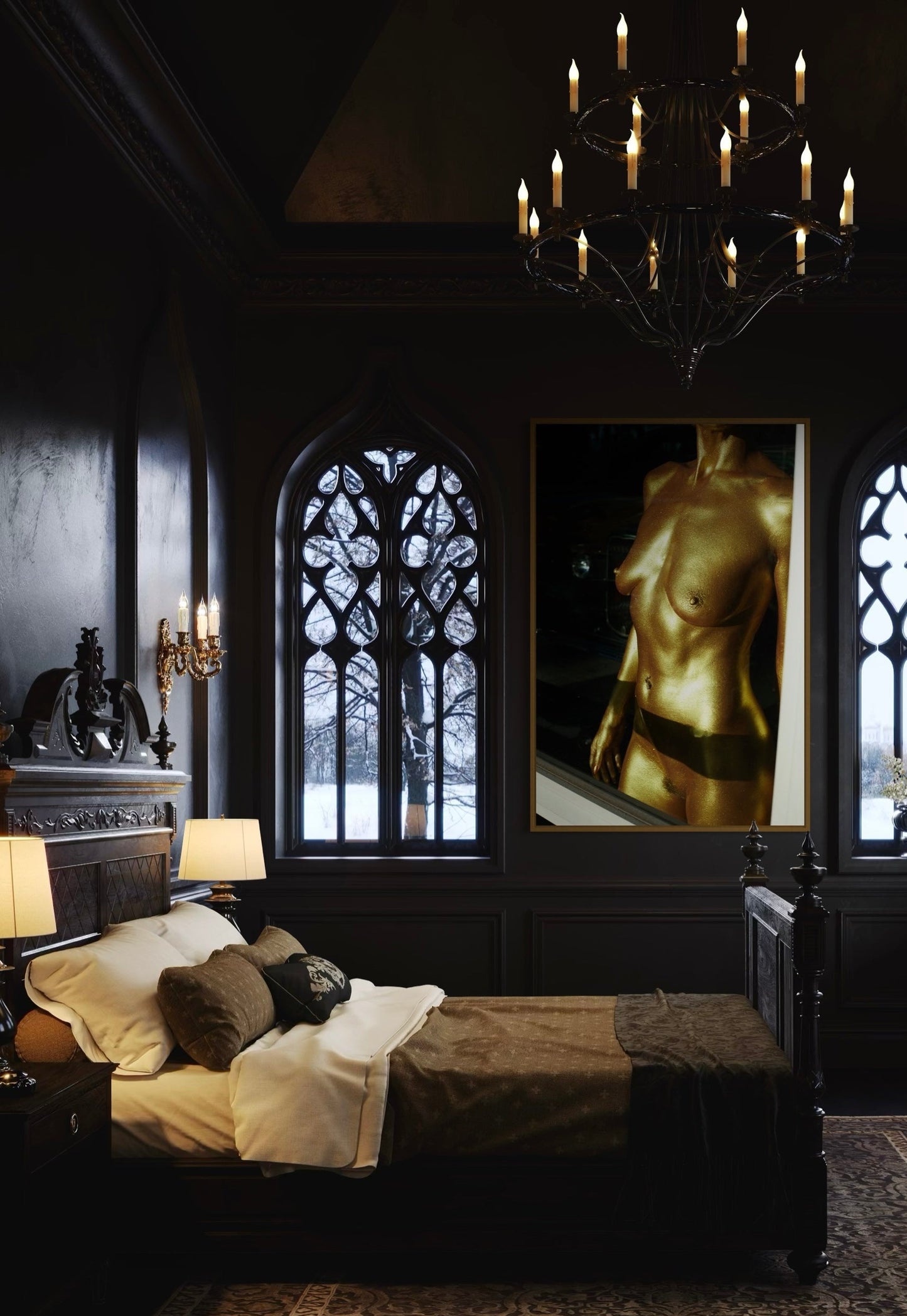 Darkly decorated room with gothic window, chandelier, and framed artwork of a woman's nude torso painted in gold.