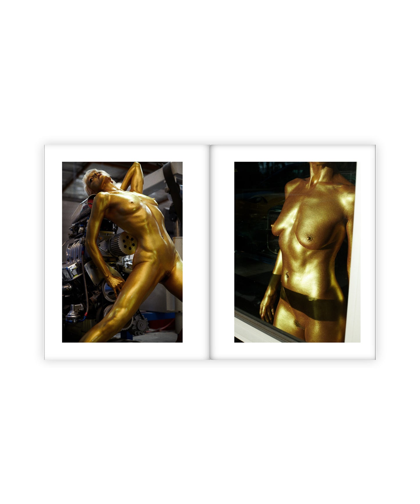 Two framed pictures of a gold-leafed sculpture on a white background