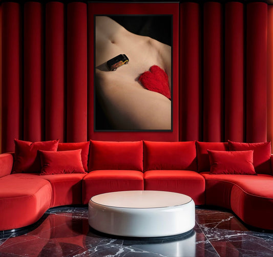 Theatre style red room with a giant framed art-piece of a woman's nude torso with a Hot Wheels van driving down to her merkin heart pubic hair.
