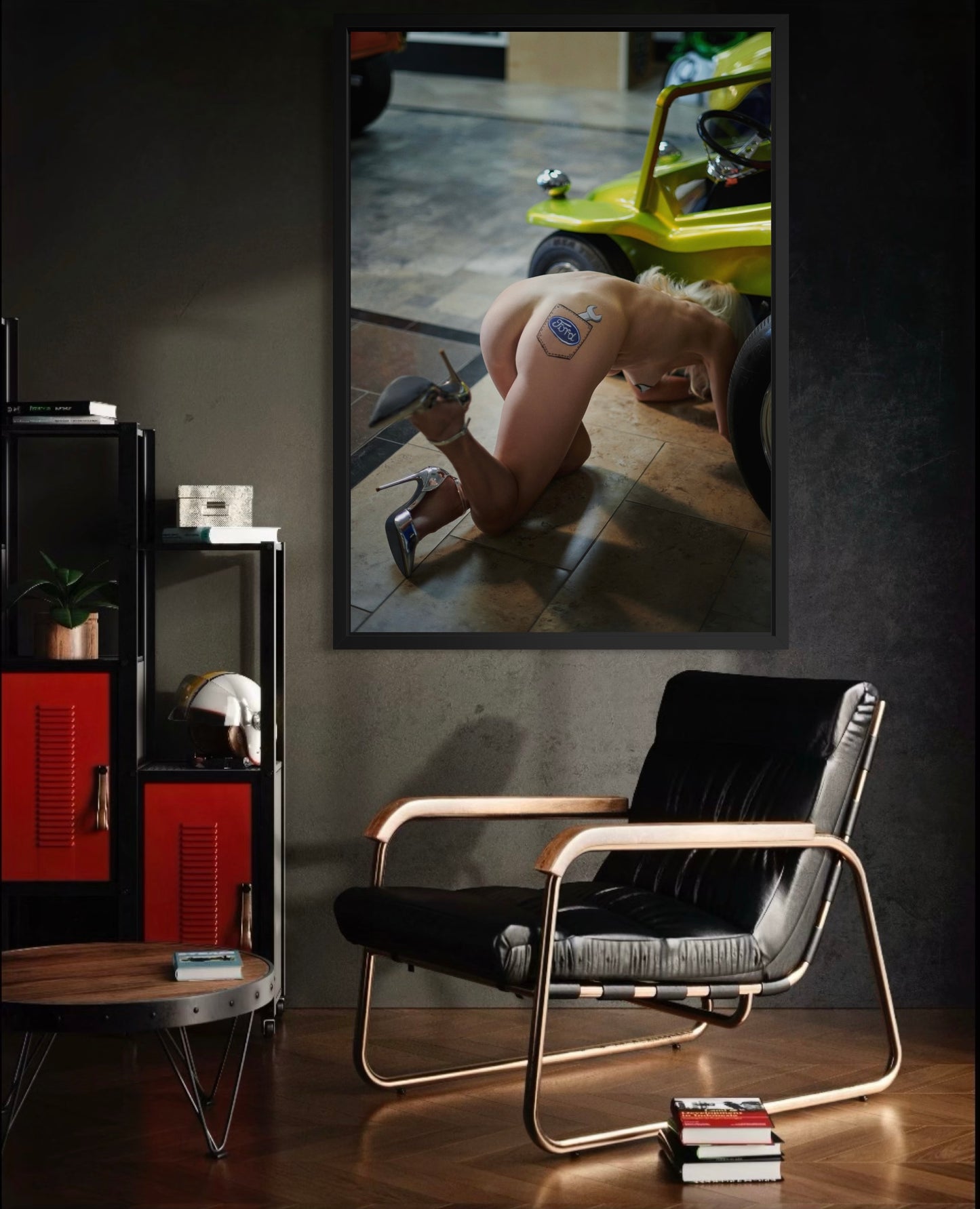 Men's modern office with a black leather chair, wooden coffee table, and framed picture of a nude woman with a ford pocket and wrench painted on her buttocks.