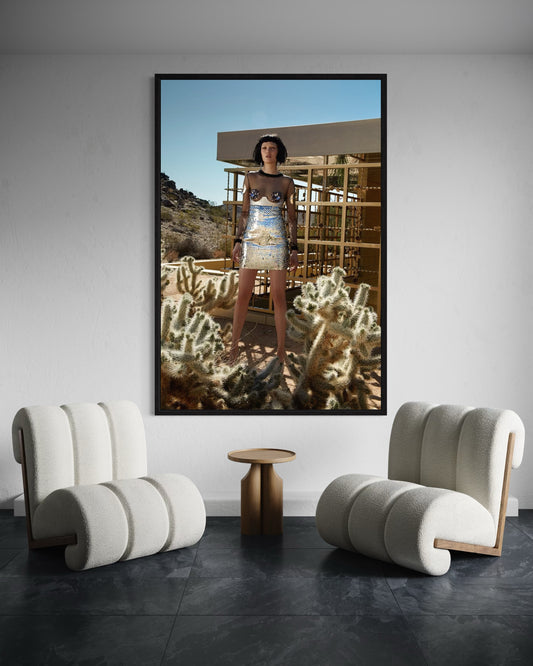 Framed photograph of a person in a desert setting on a wall above two modern chairs.