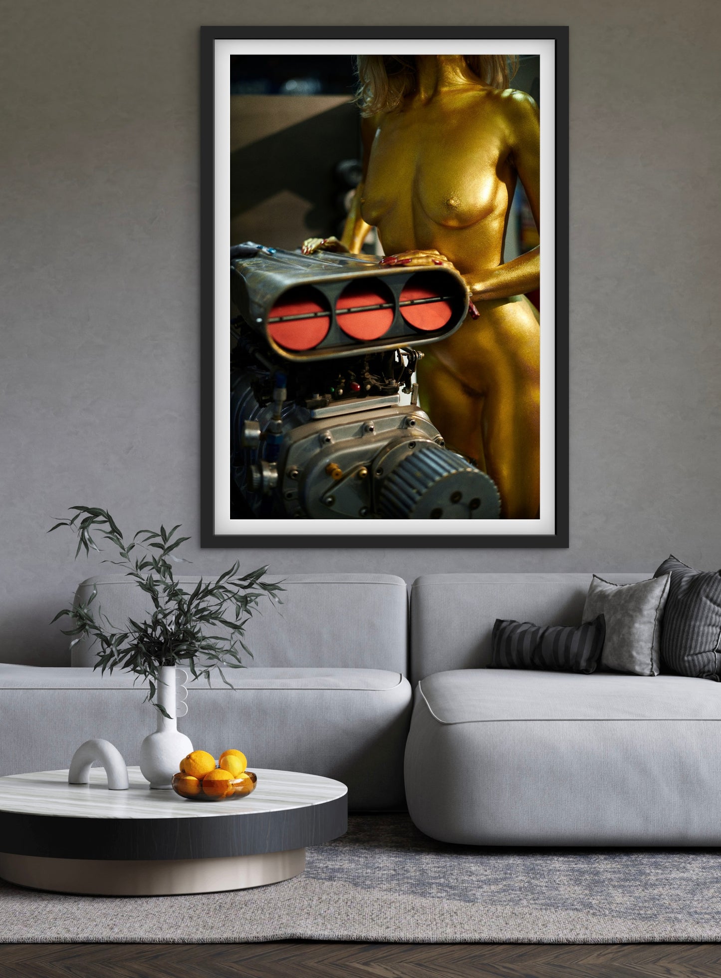 Futuristic artwork of a Goldfinger Bond style girl painted in gold working in an industrial setting.