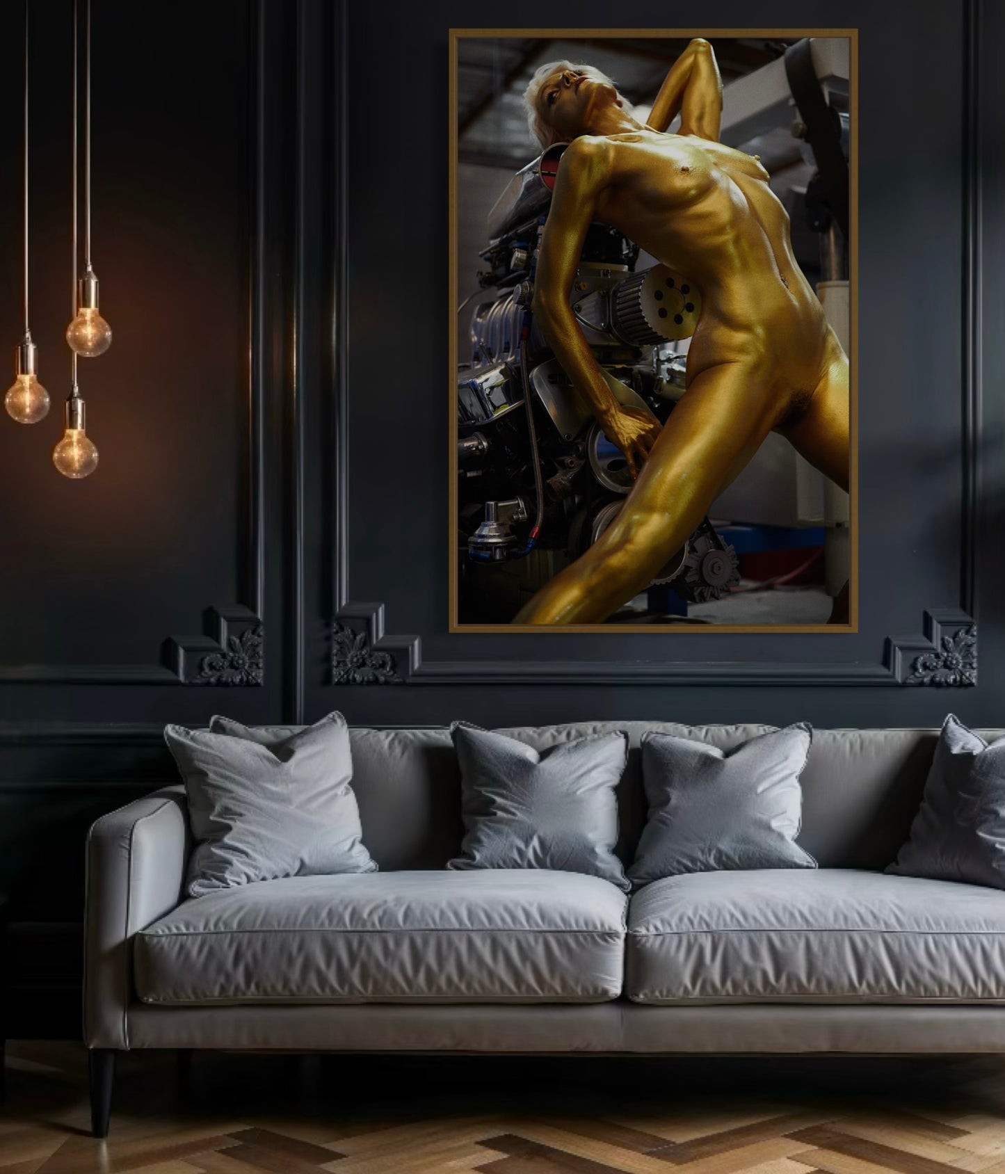 Modern dimly lit grey living room with a large framed painting of a gold painted athletic woman in an industrial warehouse setting.