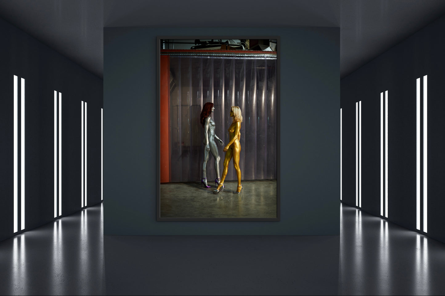 A large framed futuristic style art photo of two nude women walking in a room with vertical light panels.