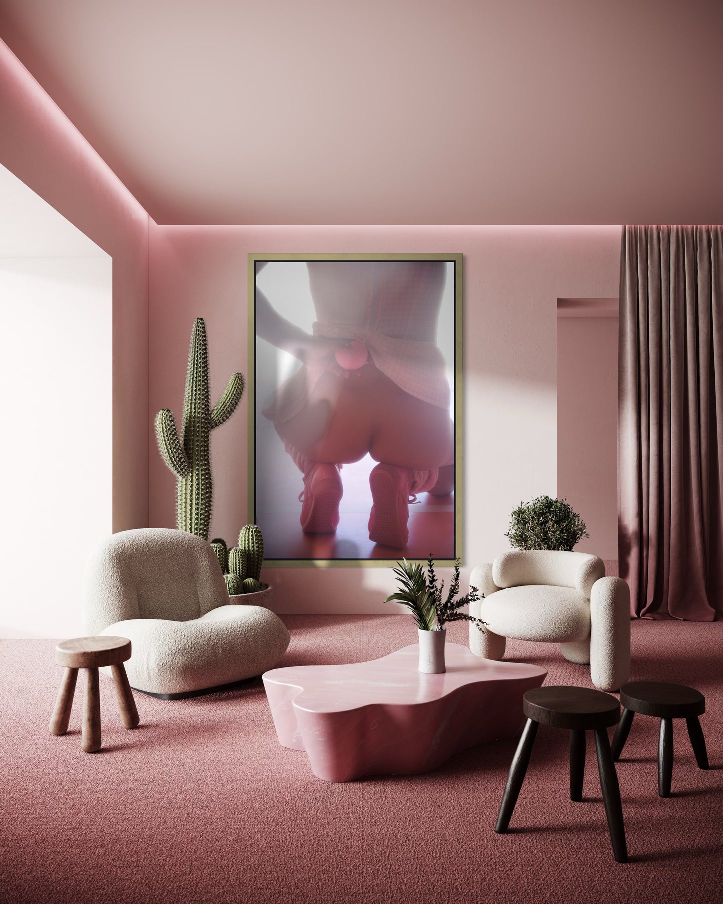 Modern pink living room with cacti and a large framed artwork of a woman's butt as she holds a tennis ball behind her back getting ready to serve.