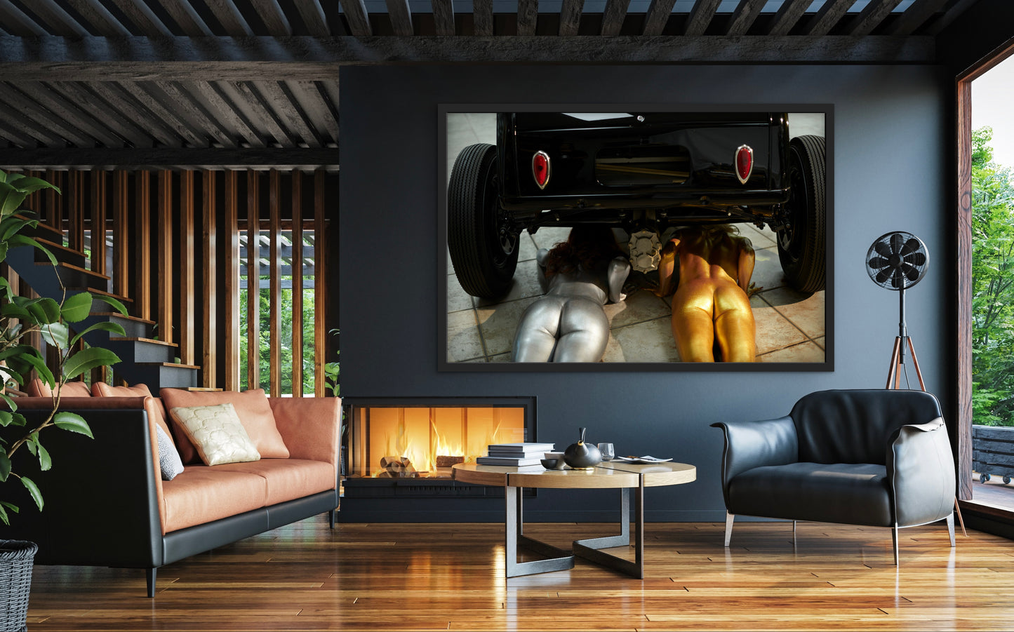 Modern living room with a large framed artwork of two naked hot female mechanics working on a truck.