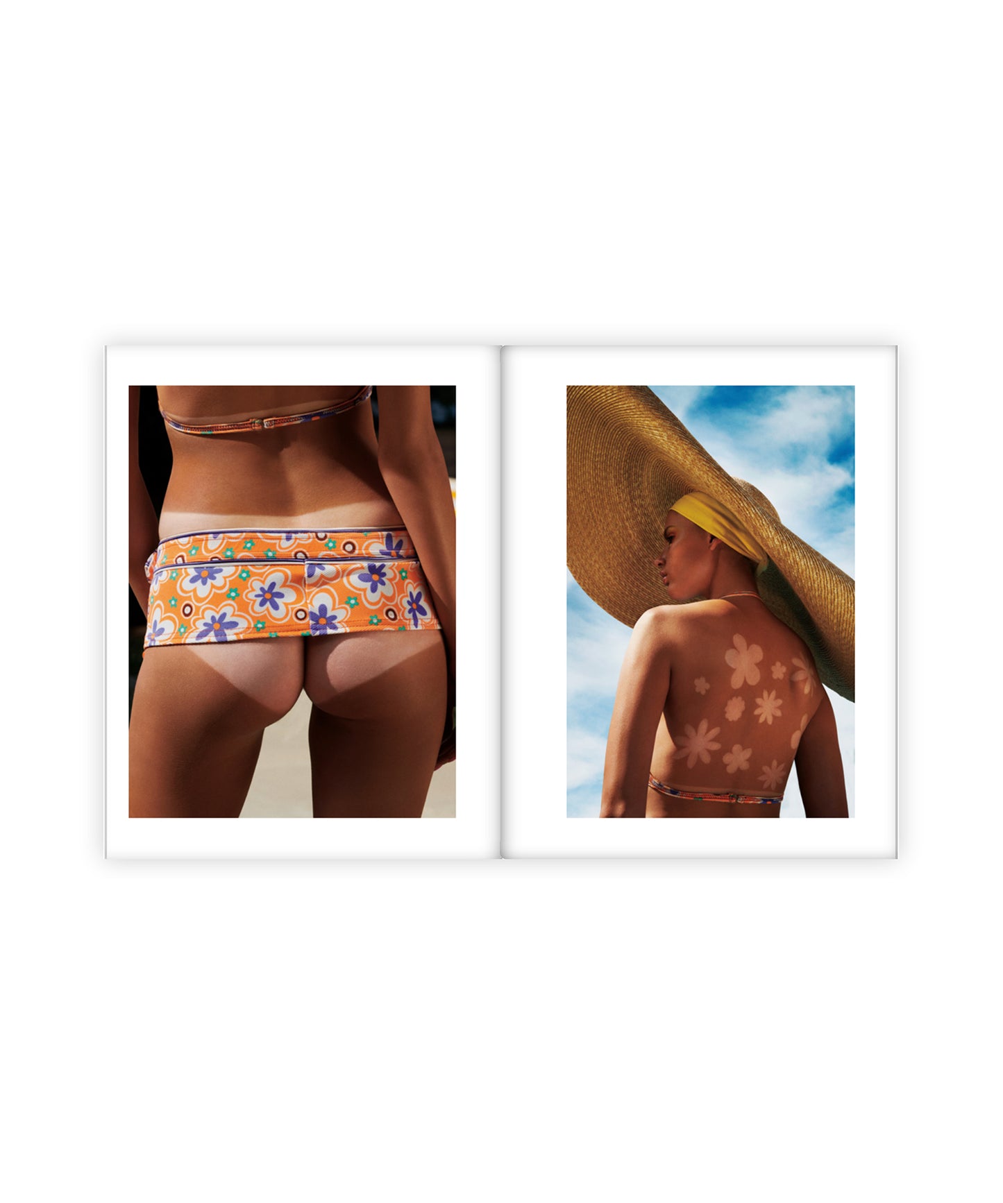 Two framed images of a woman with floral patterns on her clothing and skin.