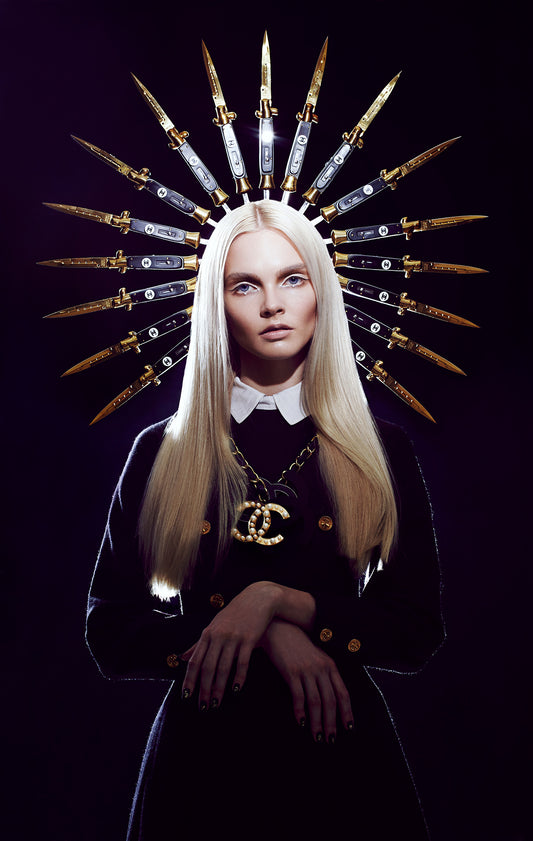 blonde woman girl wearing all chanel luxury couture clothing with custom chanel knife switchblade crown headpiece