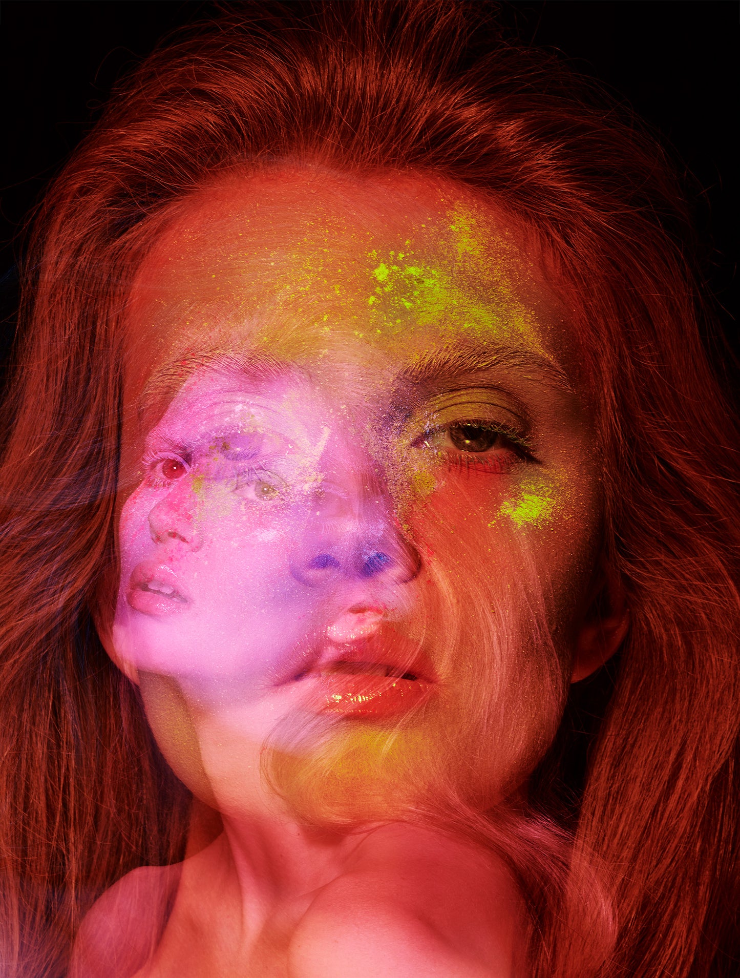 Double exposure beauty photography of a Woman with a face within her face representing mental health, schizophrenia, self-help topics.