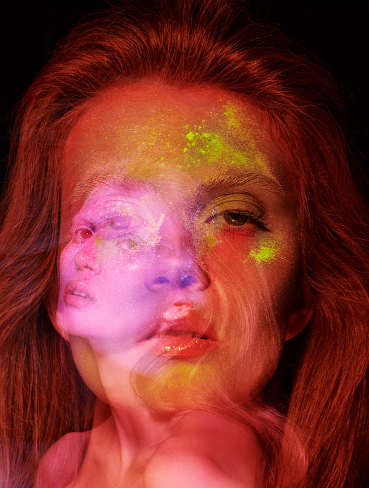Double exposure beauty photography of a Woman with a face within her face representing mental health, schizophrenia, self-help topics.