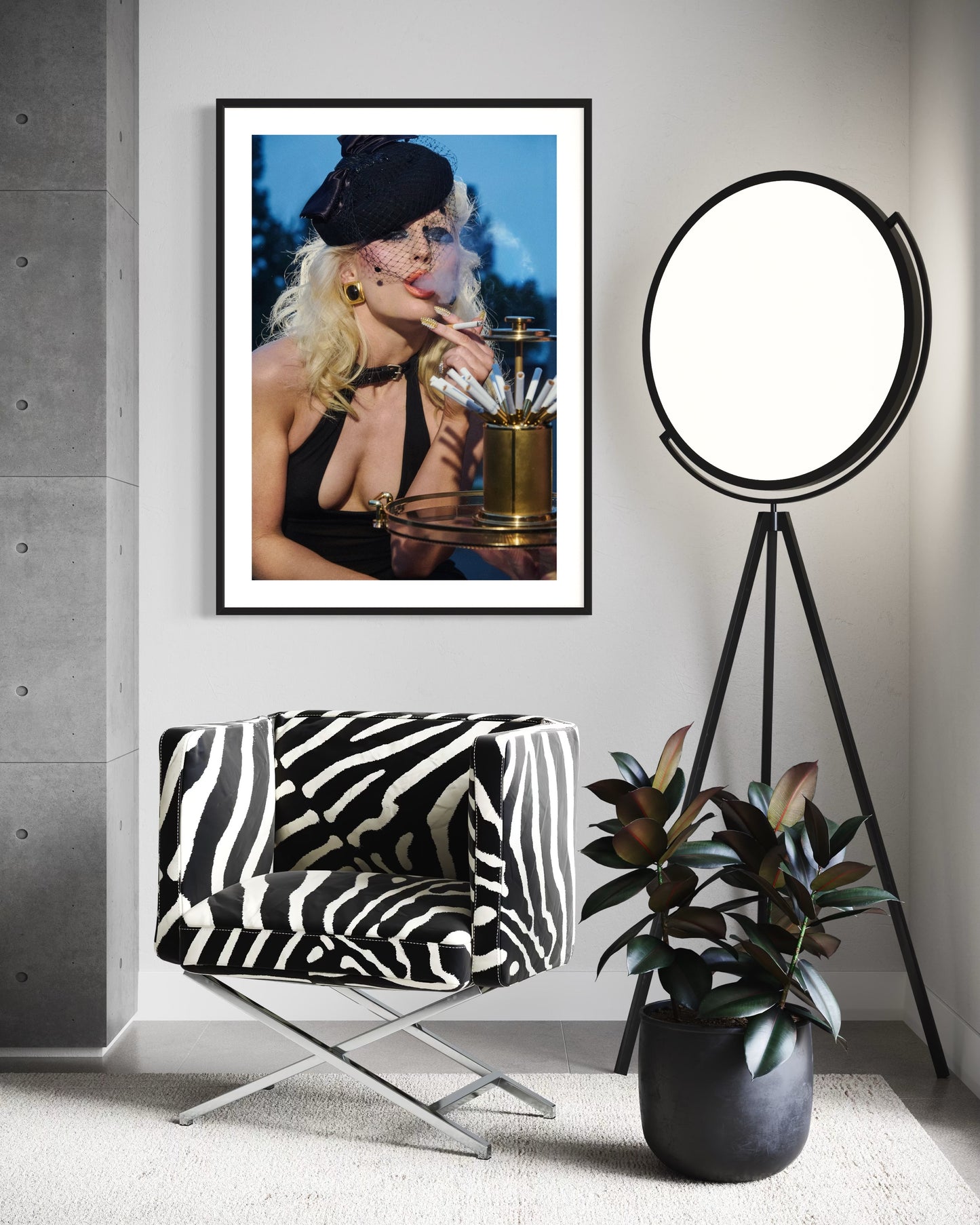 Vintage style woman wearing a black hat and veil as she exhales smoke. In the foreground, sigarettes and a cigarette dispenser are displayed on a tray.