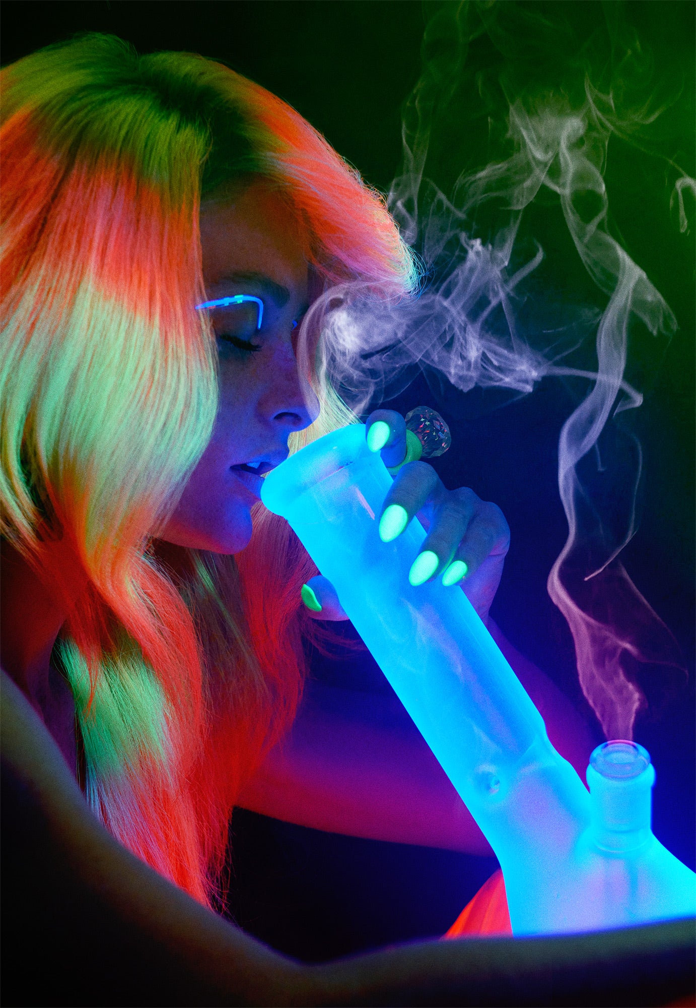 Avant-garde alternative girl smoking weed with neon hair and blacklight
