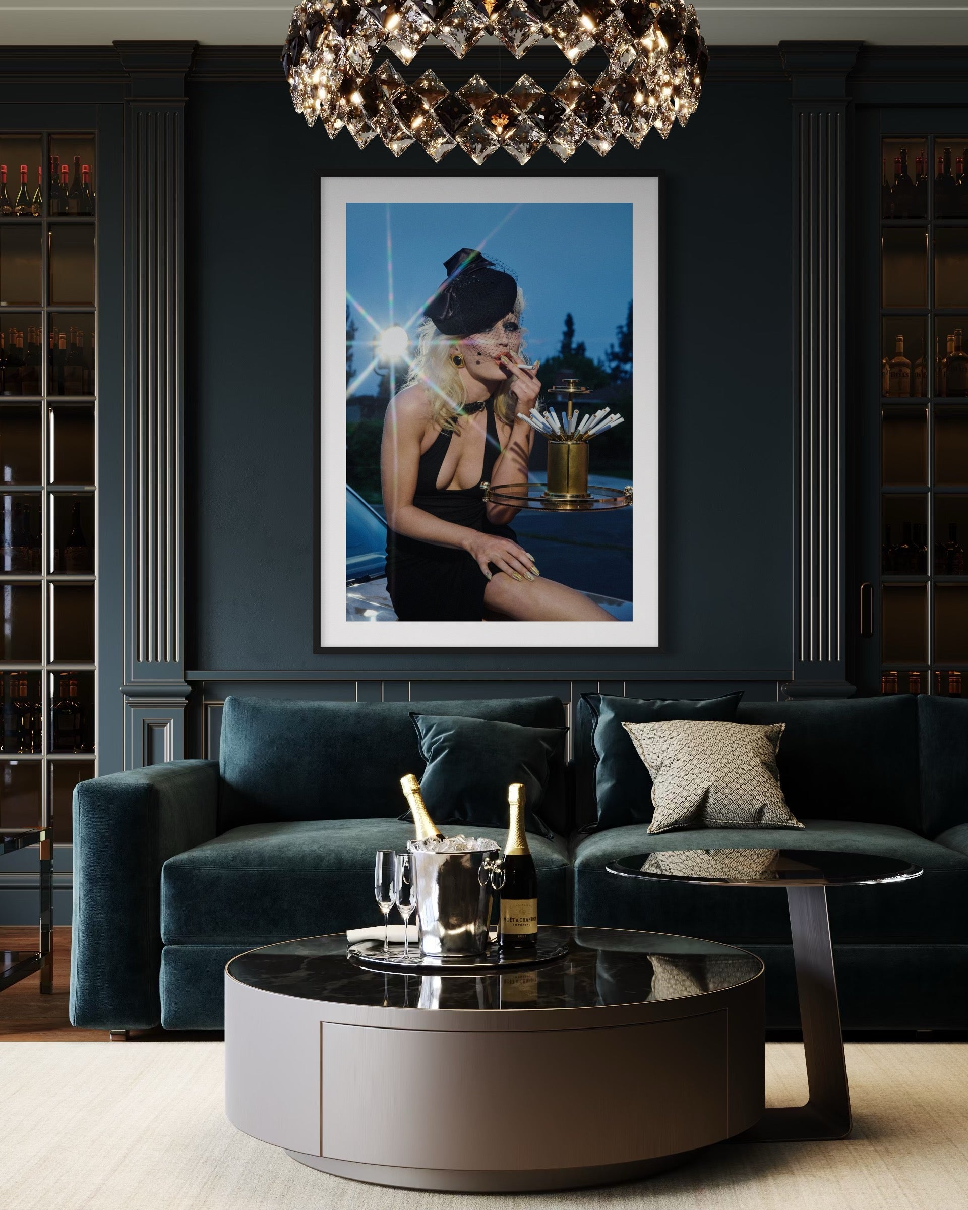 Modern living room with teal sofa, round coffee table, and framed artwork on the wall.