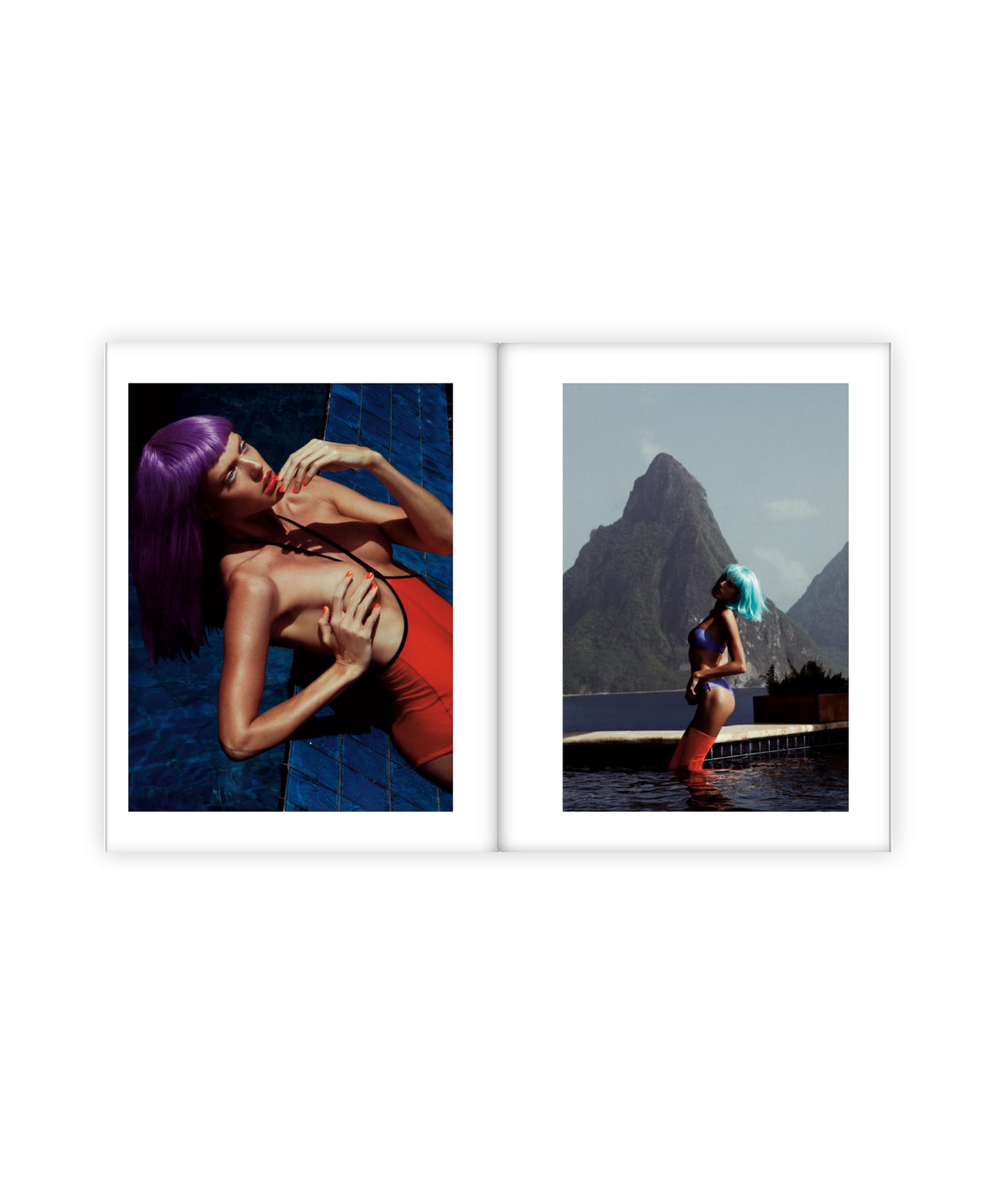 Two framed pictures of women with colorful hair in different settings.