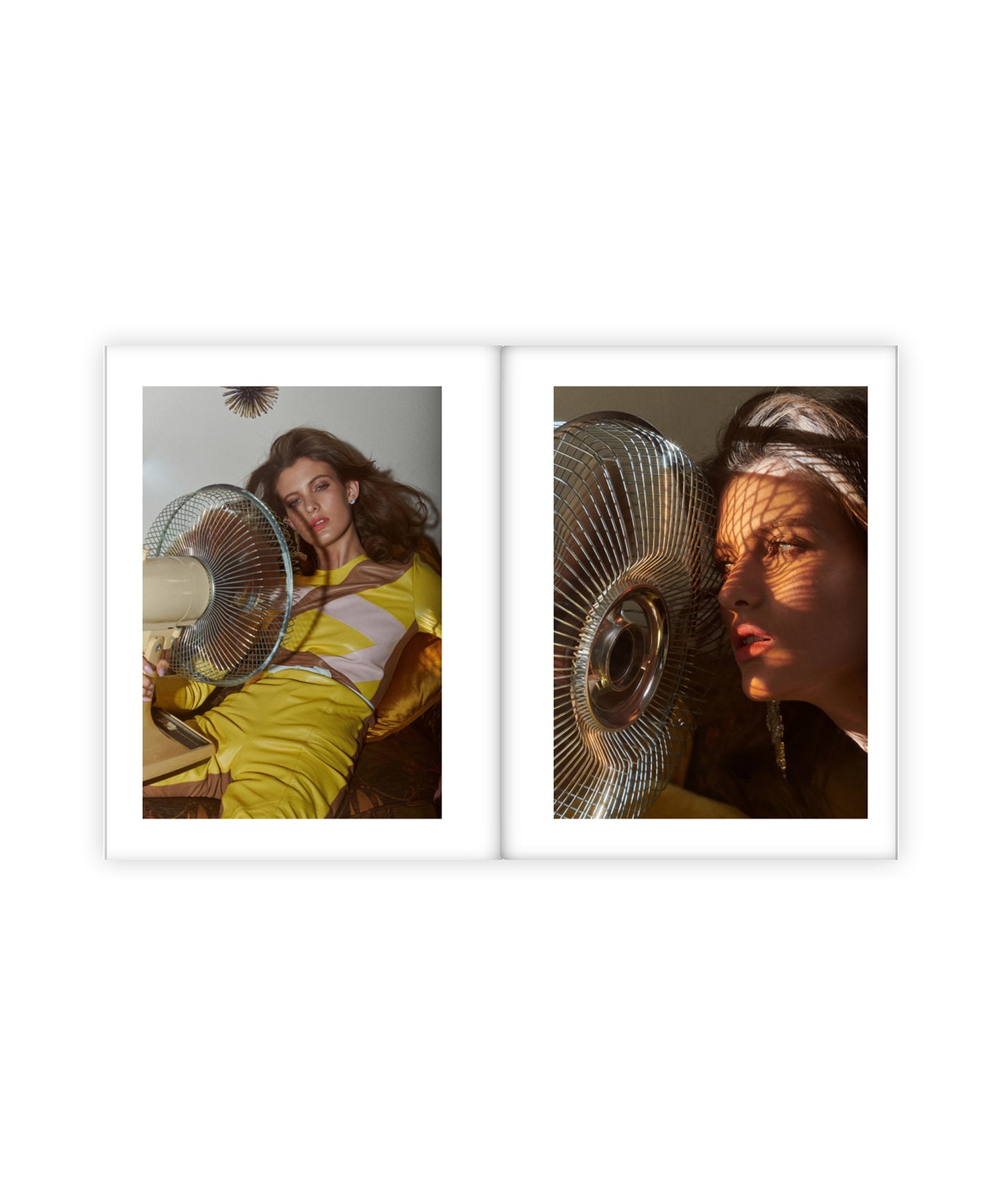 Two framed pictures of a woman with a fan in a minimal white frame.
