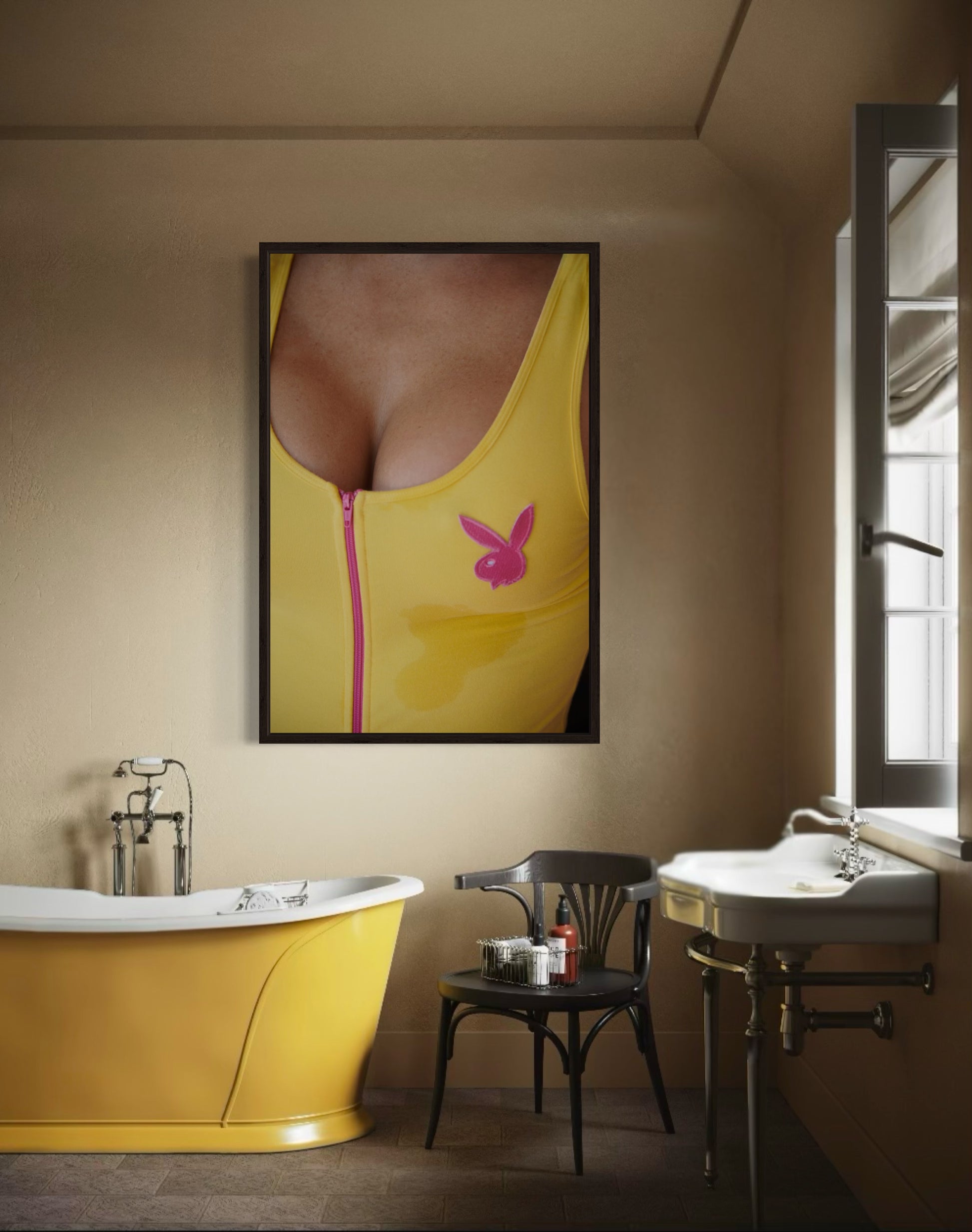 Bathroom with yellow bathtub, sink, and framed artwork on the wall of an athletic woman's breasts with cleavage and boob sweat.