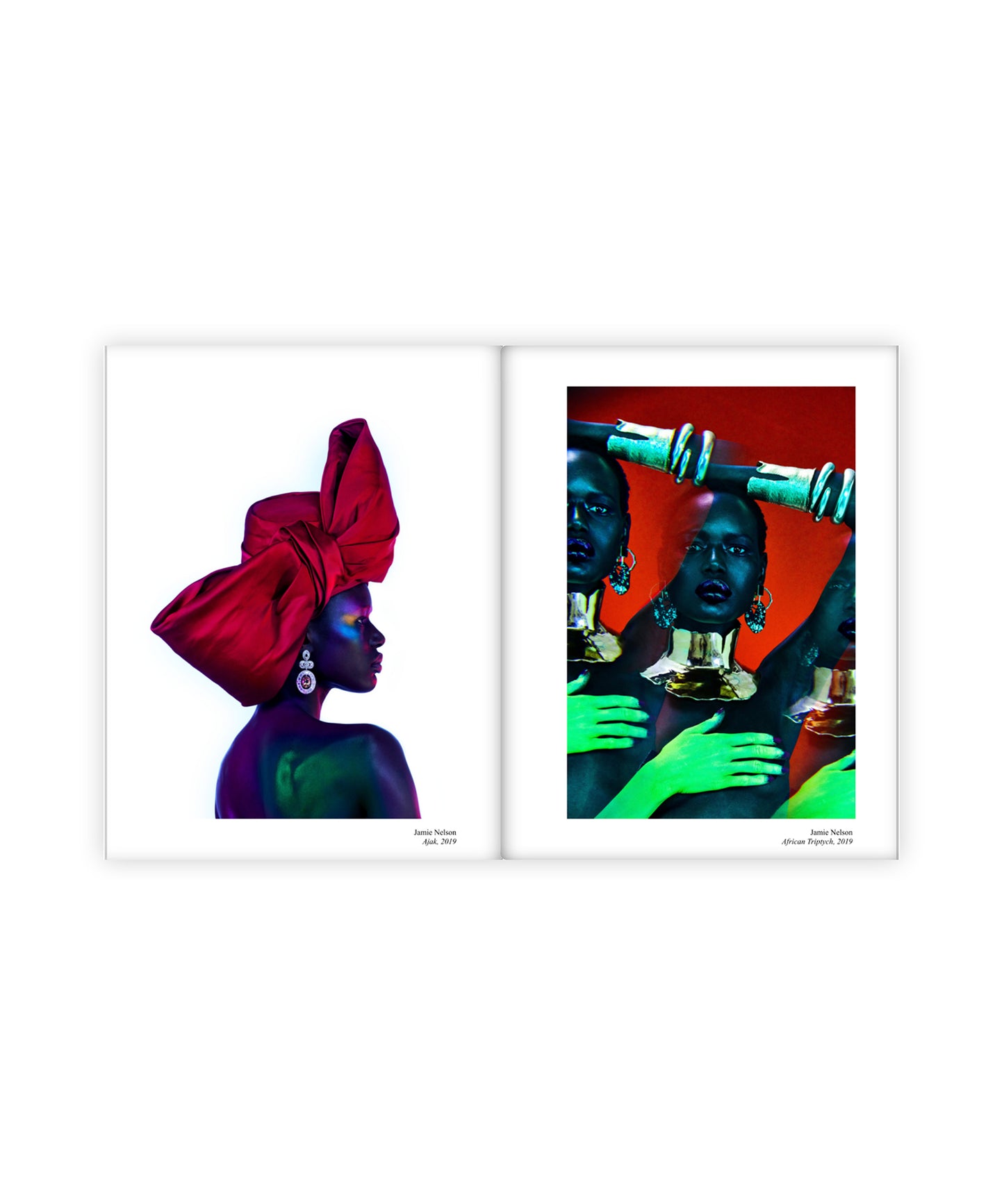 Two artistic prints of a black woman with a red bow headwrap and another with a colorful red background wearing ethnic jewelry. Both images were taken by Jamie Nelson, infamous Los Angeles beauty photographer. Both prints are shown in a book entitled "The Color Black" created by Jamie Nelson.