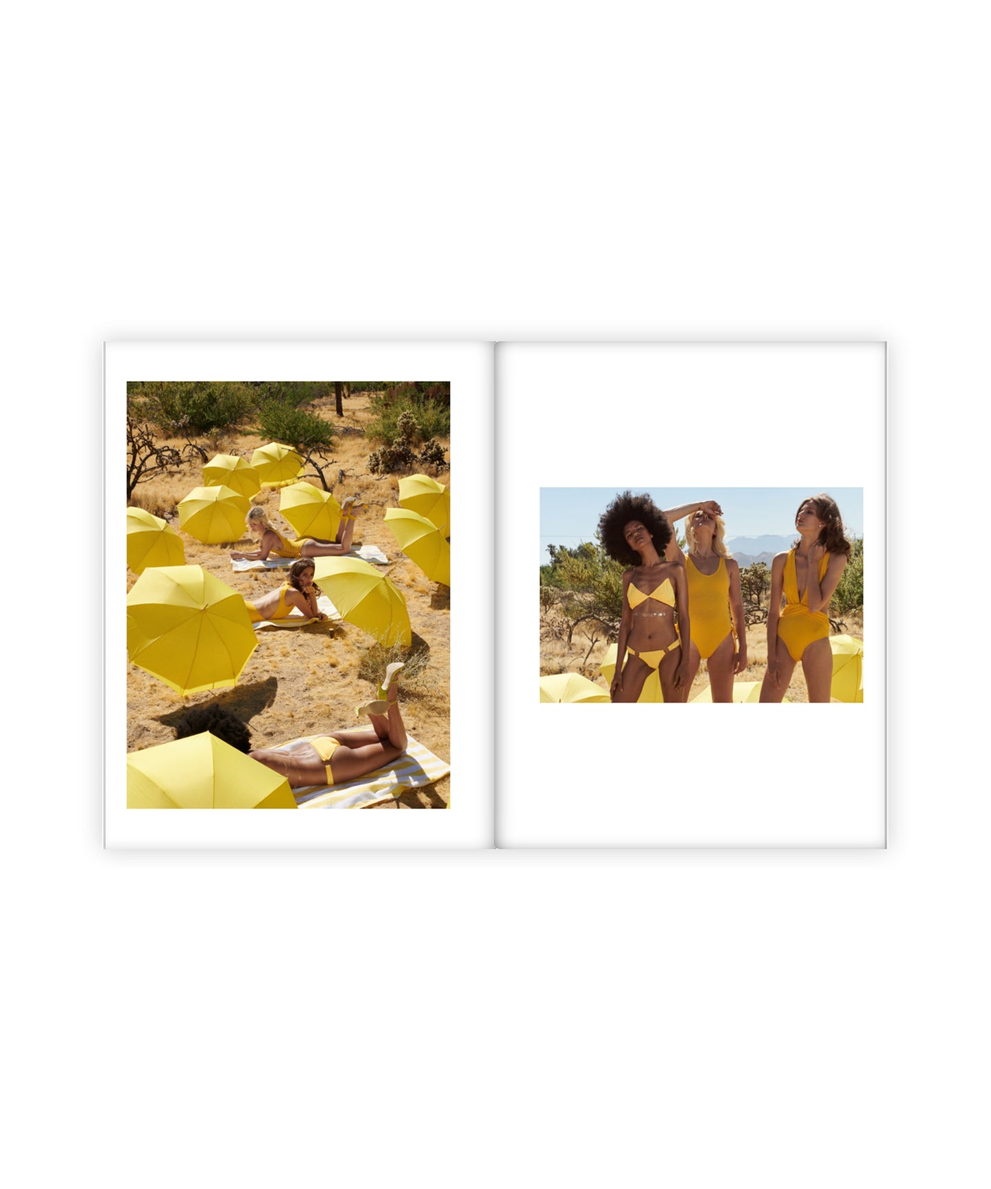 Two framed pictures showing people under yellow umbrellas on a beach.