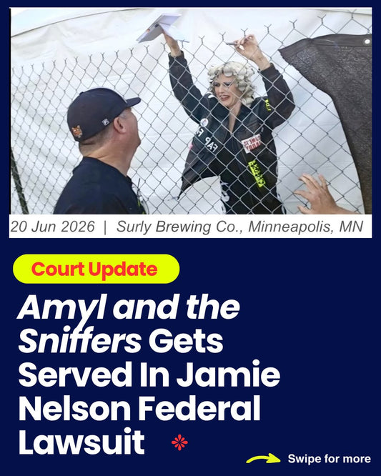 Photo of Amy Taylor, singer of Amyl and the Sniffers, getting served through a chainlink fence. Text reads: "Court Update- Amyl and the Sniffers Gets Served in Jamie Nelson Federal Lawsuit."