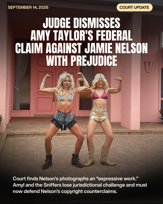 Amy Taylor and Jamie Nelson pose in front of Nelson’s house in a court update graphic announcing that Taylor’s federal claim against Nelson was dismissed with prejudice and Nelson’s copyright counterclaims continue.