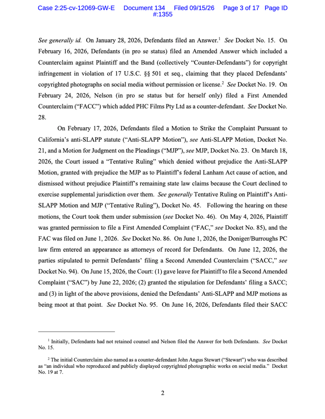 Offical court documents citing anti-SLAPP ruling in the federal copyright vs. right-of-publicity, Amy Taylor v. Jamie Nelson