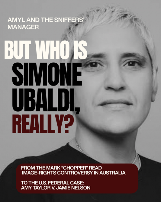 Black-and-white portrait of Simone Ubaldi, manager of Amyl and the Sniffers, with headline “But Who Is Simone Ubaldi, Really?” referencing the Mark “Chopper” Read image-rights controversy and Amy Taylor v. Jamie Nelson.