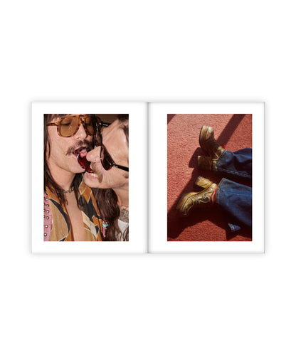 Two framed pictures side by side on a white background. One shows a close-up of two people kissing, and the other shows a person wearing boots on a red surface.