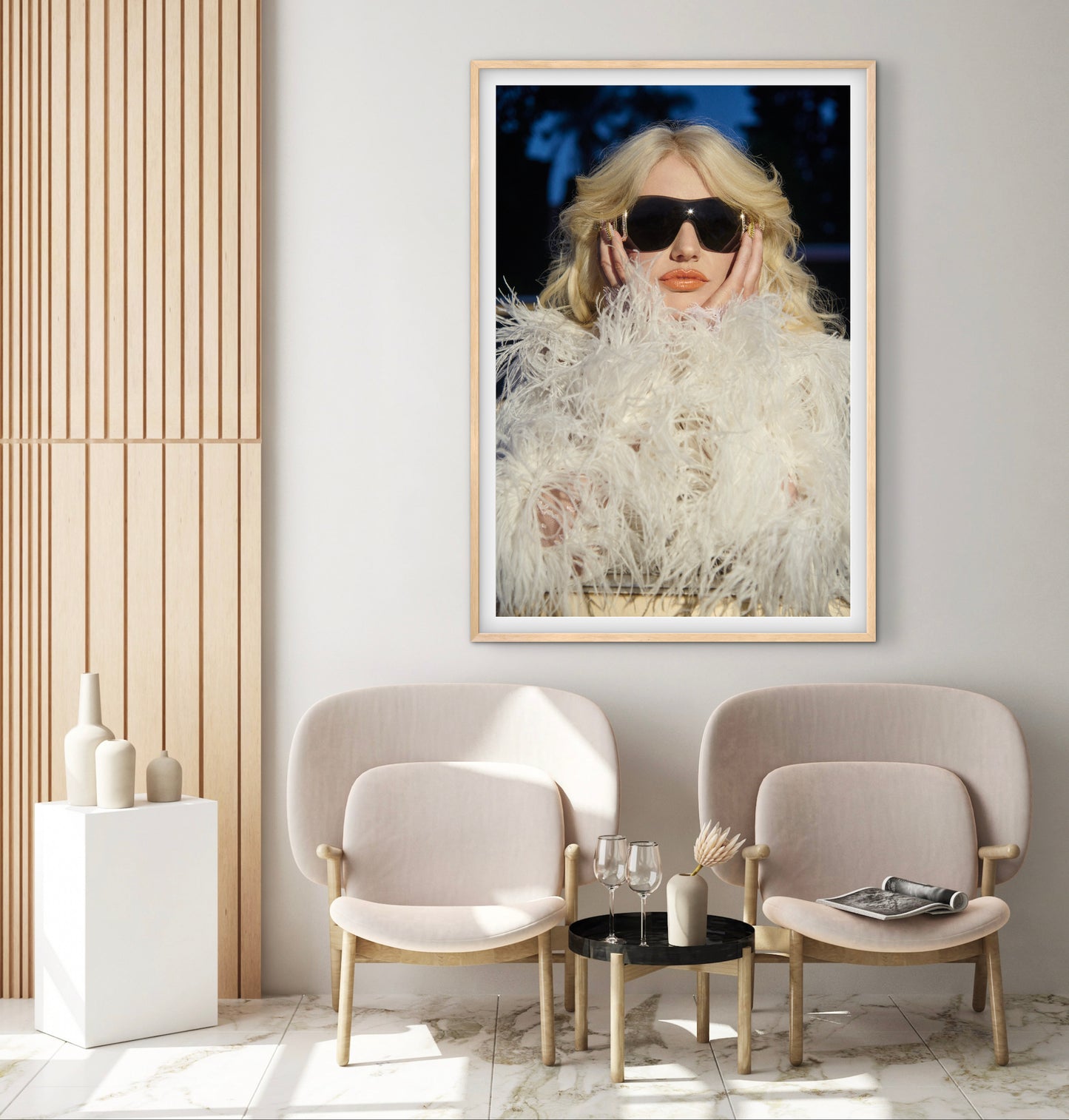 Large fine art print of Amy Taylor of Amyl and the Sniffers, sporting a '70s hairstyle with retro styled feathered jacket and sunglasses in a Hollywood setting.