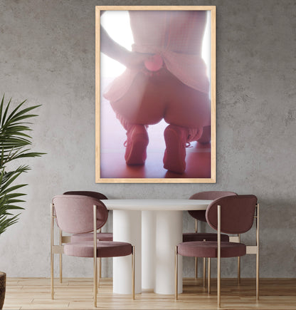 An 80's style pink and grey room with a large framed artwork of a woman wearing pink Reboks and a pink minidress with her buttocks peeking out as she hides a pink tennis ball behind her back.