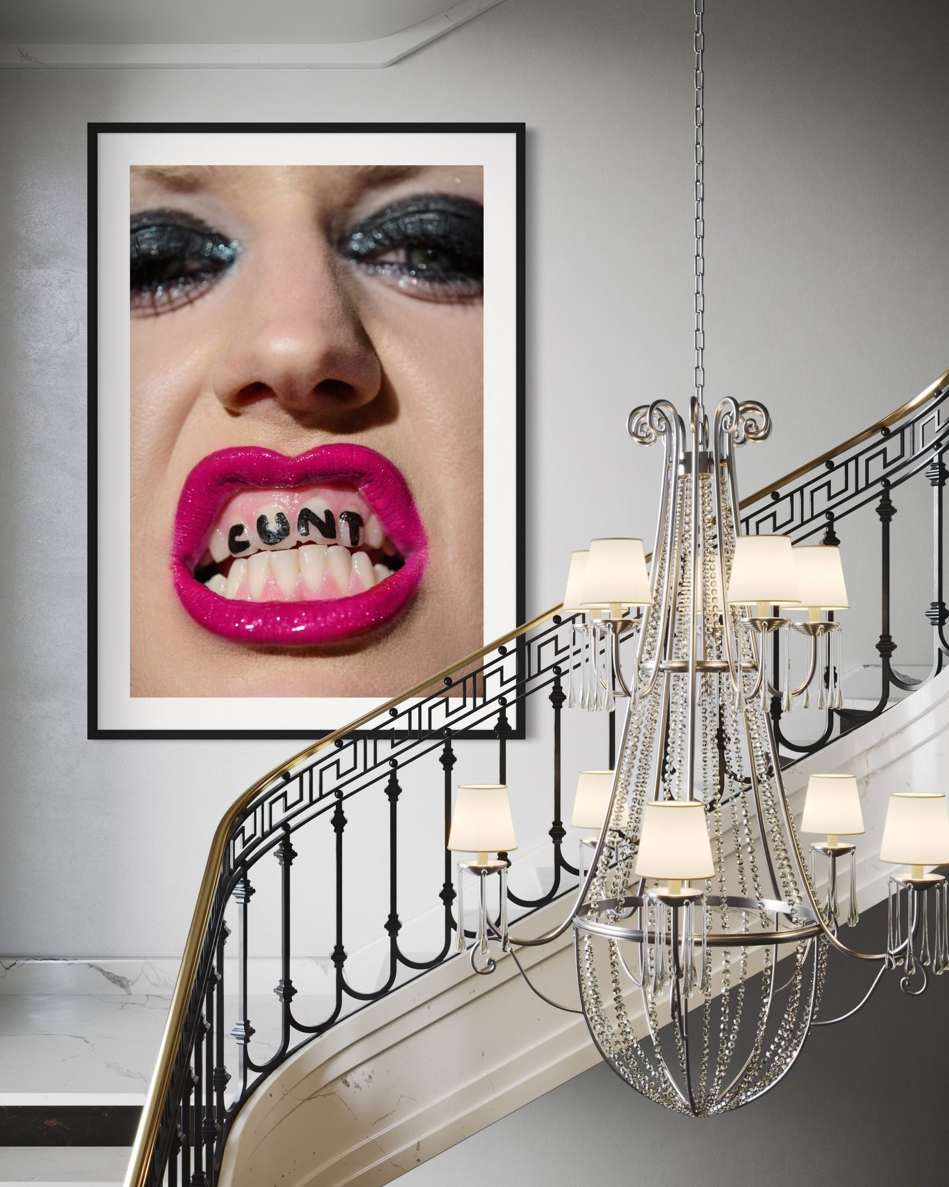 Framed contemporary artwork of musician Amy Taylor of Amyl and the Sniffers shows her teeth with a snarl, exposing the words 'CUNT' written on them.