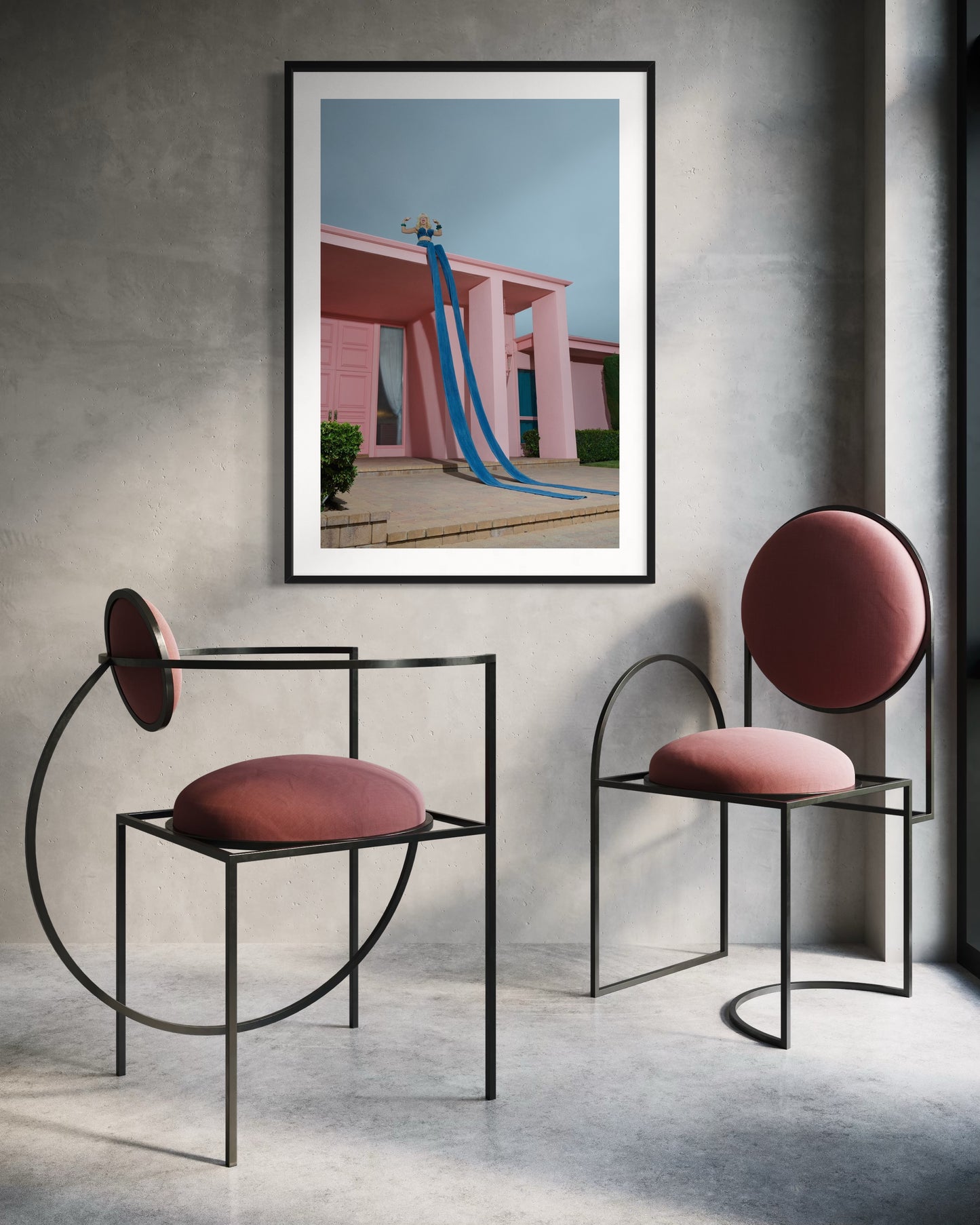 Artwork of a blonde woman sitting on the edge of a pink rooftop wearing extremely long jeans that run from the rooftop all the way to the ground.