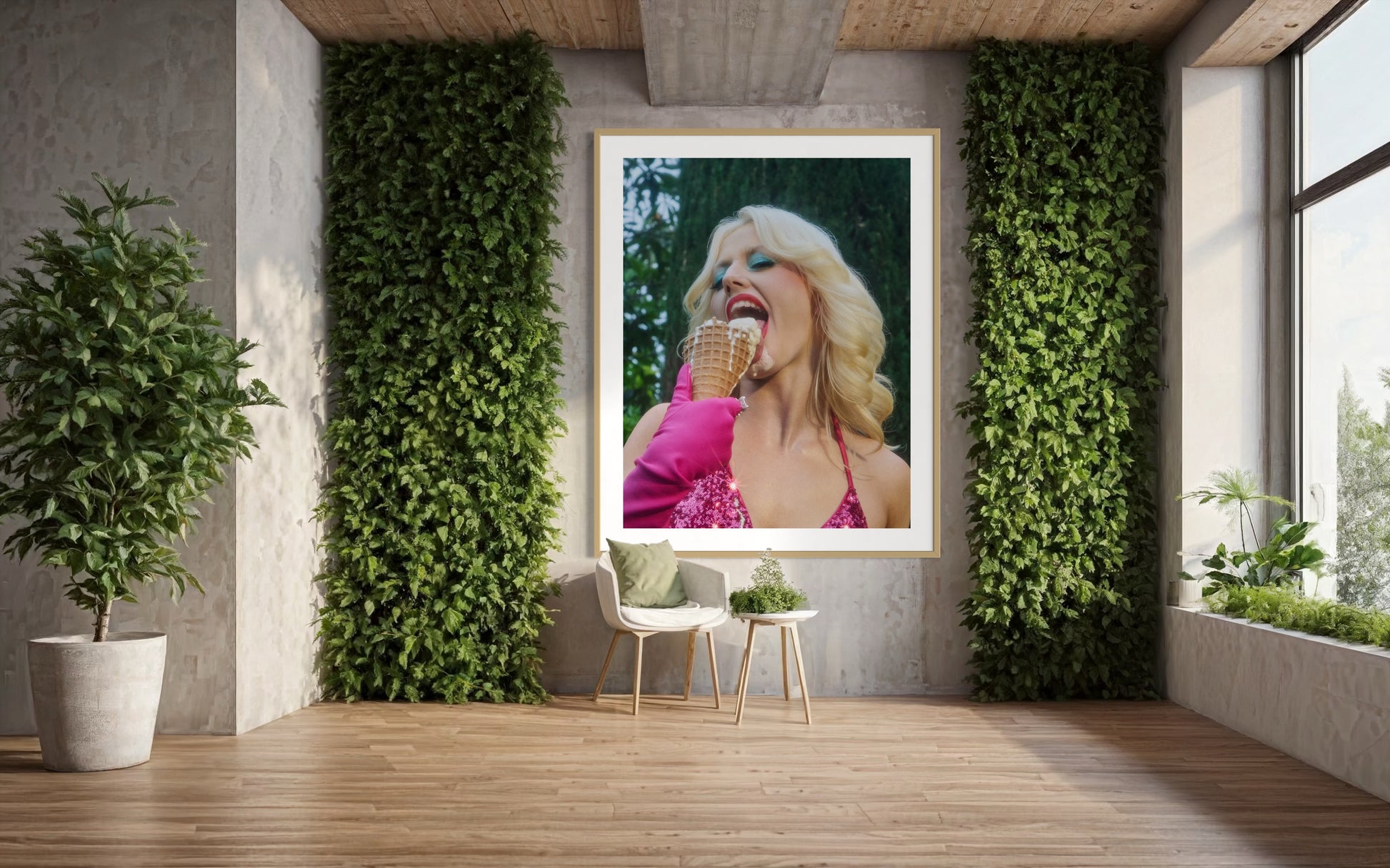 Framed artwork of Amy Taylor of Amyl and The Sniffers licking a messy melting ice cream cone while wearing a pink bikini and pink satin gloves.