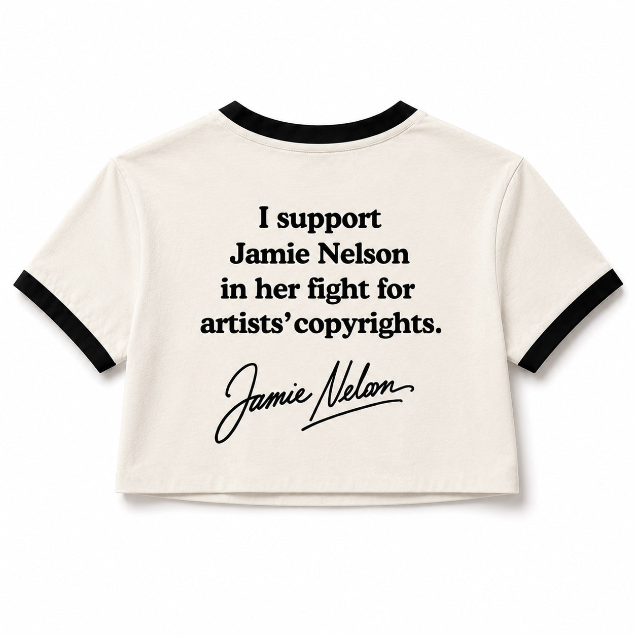 "I support Jamie Nelson in her fight for artists' copyrights" cropped ringer t-shirt. These shirts support Jamie Nelson in her federal copyright lawsuit.